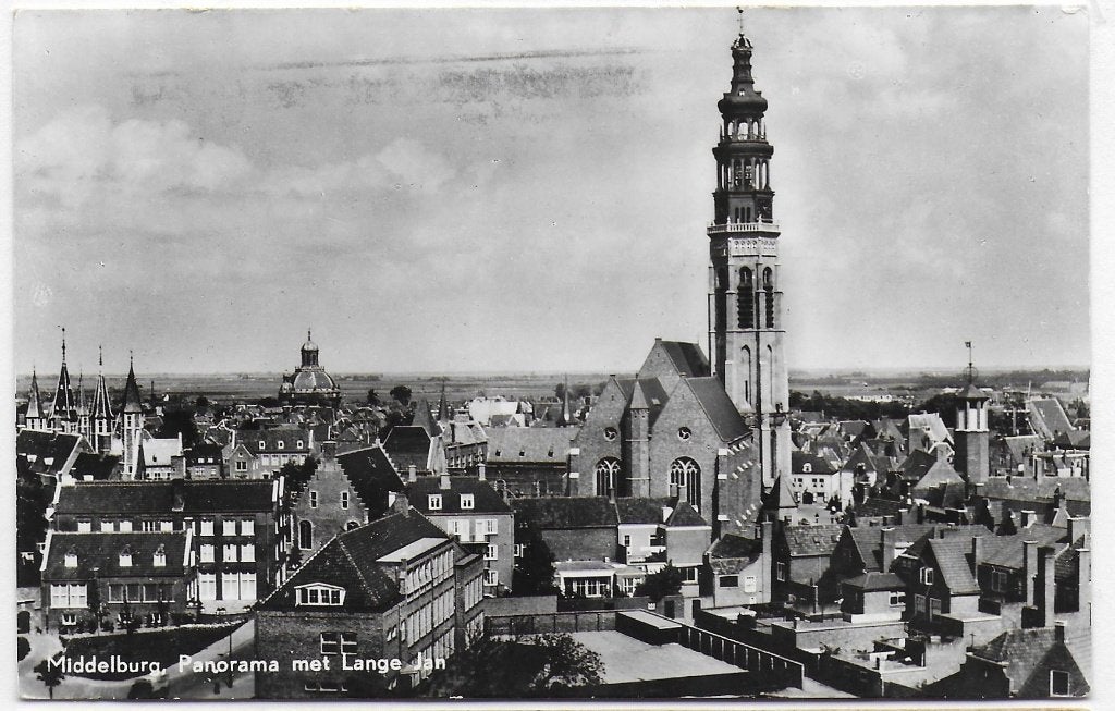 Middelburg Panorama Met Lange Jan Oude Ansichtkaart B4069, Ophalen of Verzenden, 1960 tot 1980, Gelopen, Zeeland