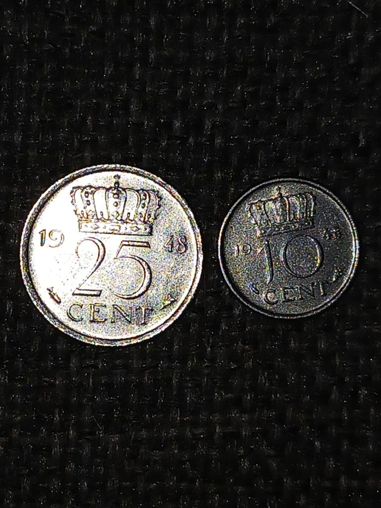 Setje van 2 Nederlandse munten: 25 cent 1948 en 10 cent 1948, Setje, Zilver, Koningin Wilhelmina, Overige waardes