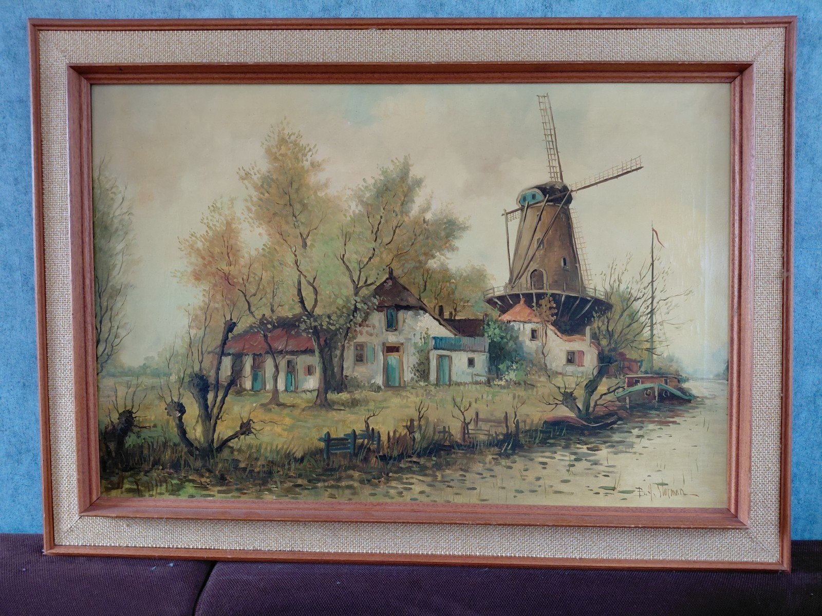 Schilderij B.H. Slotman: Molenlandschap, 119x89 cm, Acrylverf, Doek, Landschap, Klassiek