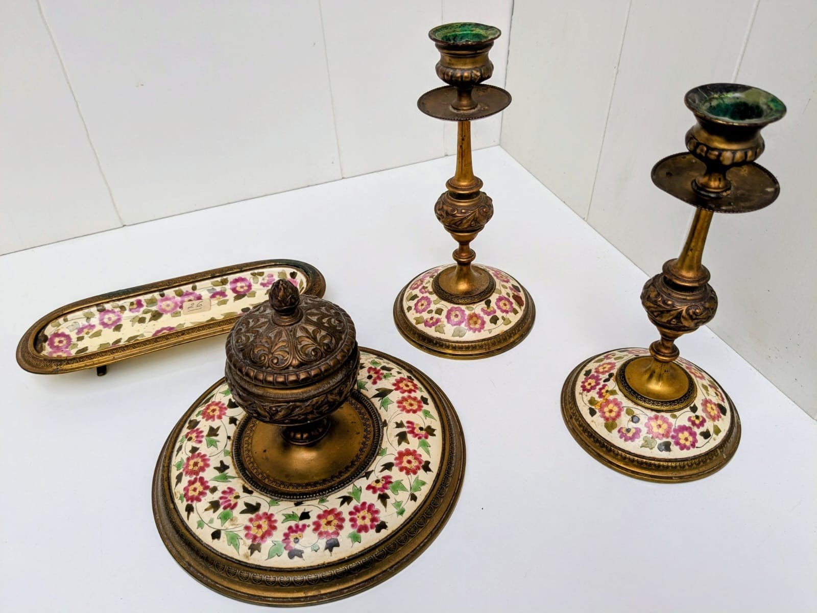Antieke bronzen inktstel met kandelaars, bloemmotief, Ophalen, Koper of Brons