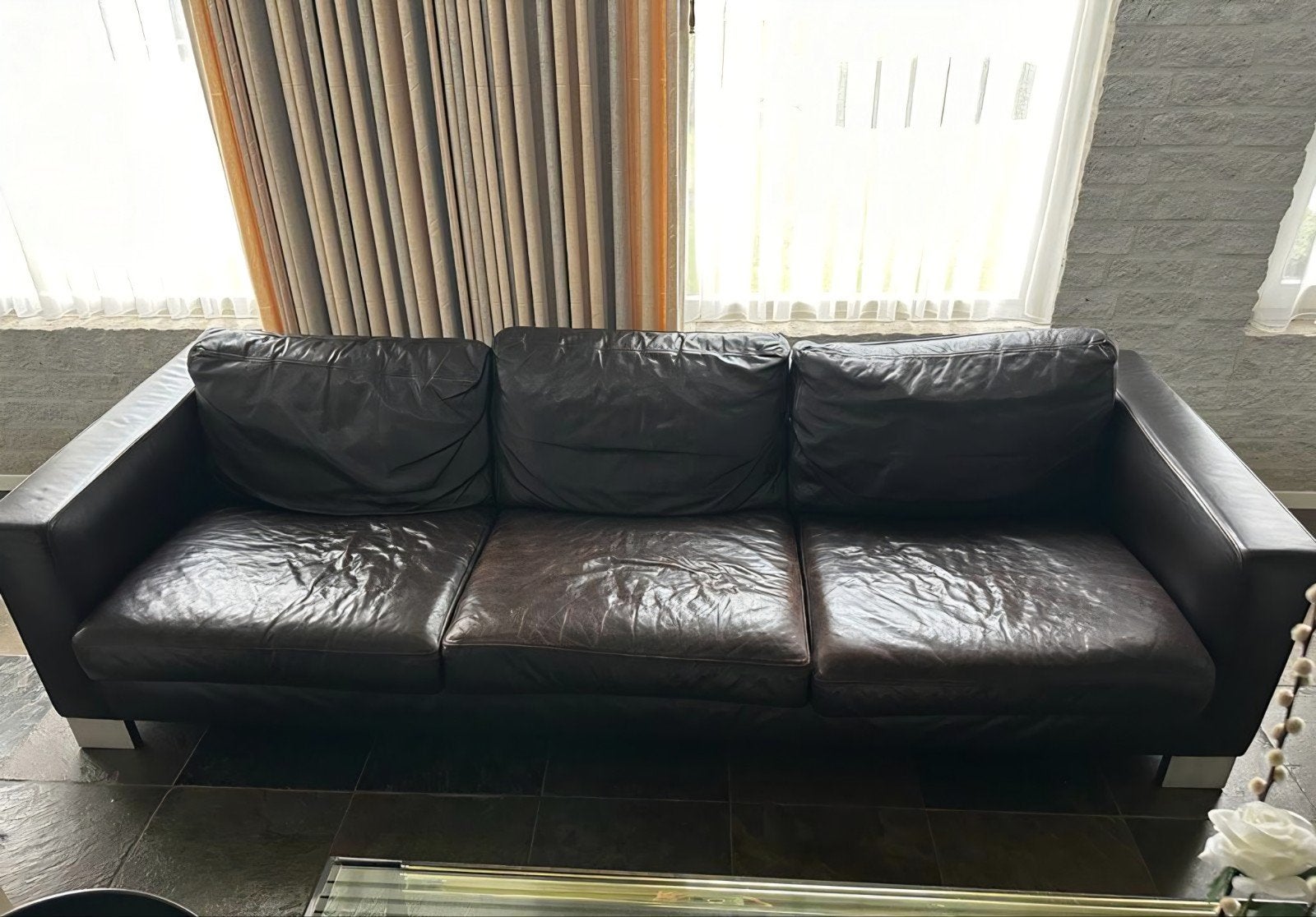 Gratis afhalen: Molinari design vierzitsbank van bruin leer, Huis en Inrichting, Ophalen, 250 tot 300 cm, Gebruikt, Design