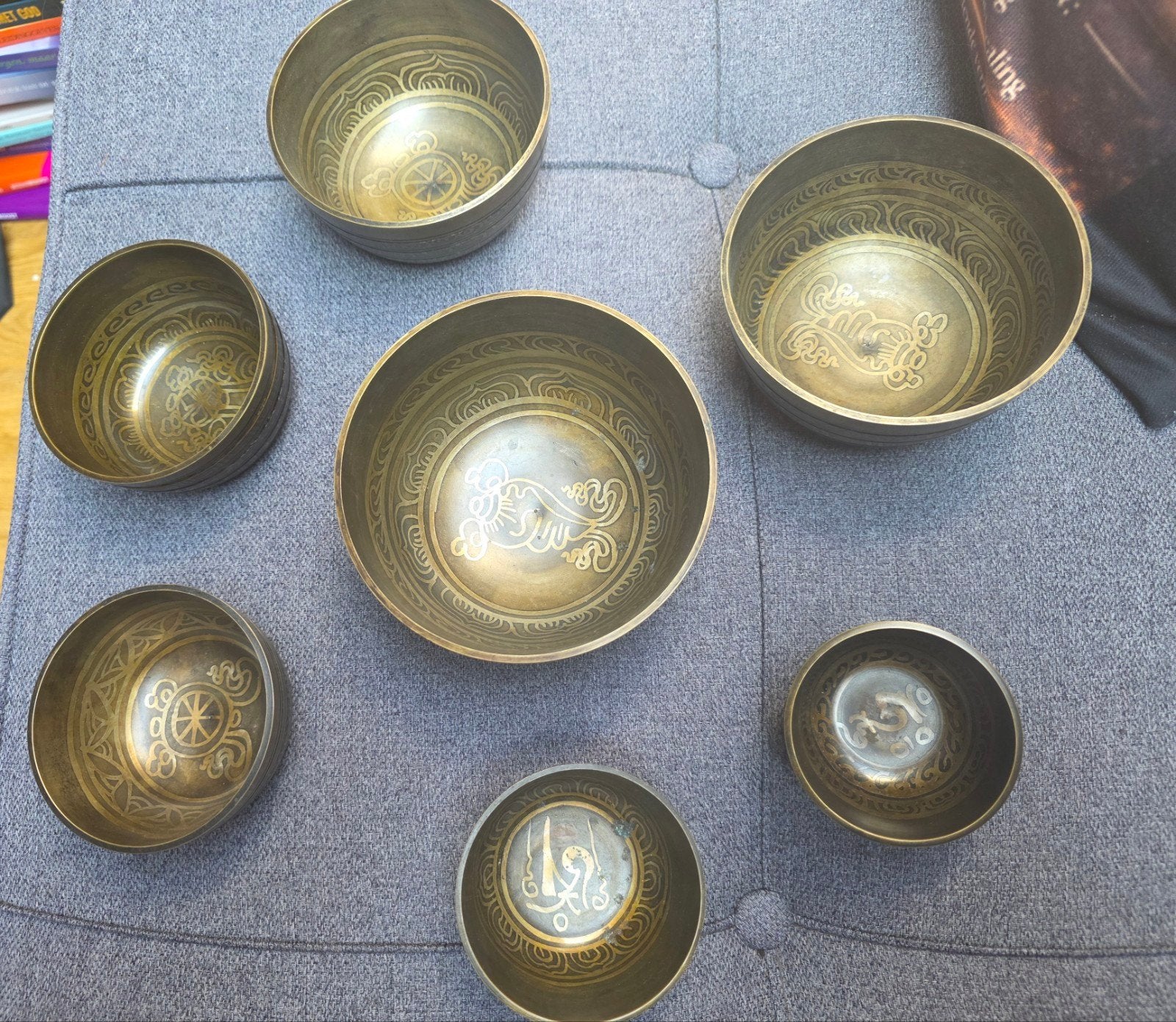 7 handgemaakte Tibetaanse klankschalen., Ophalen of Verzenden, Melodische percussie