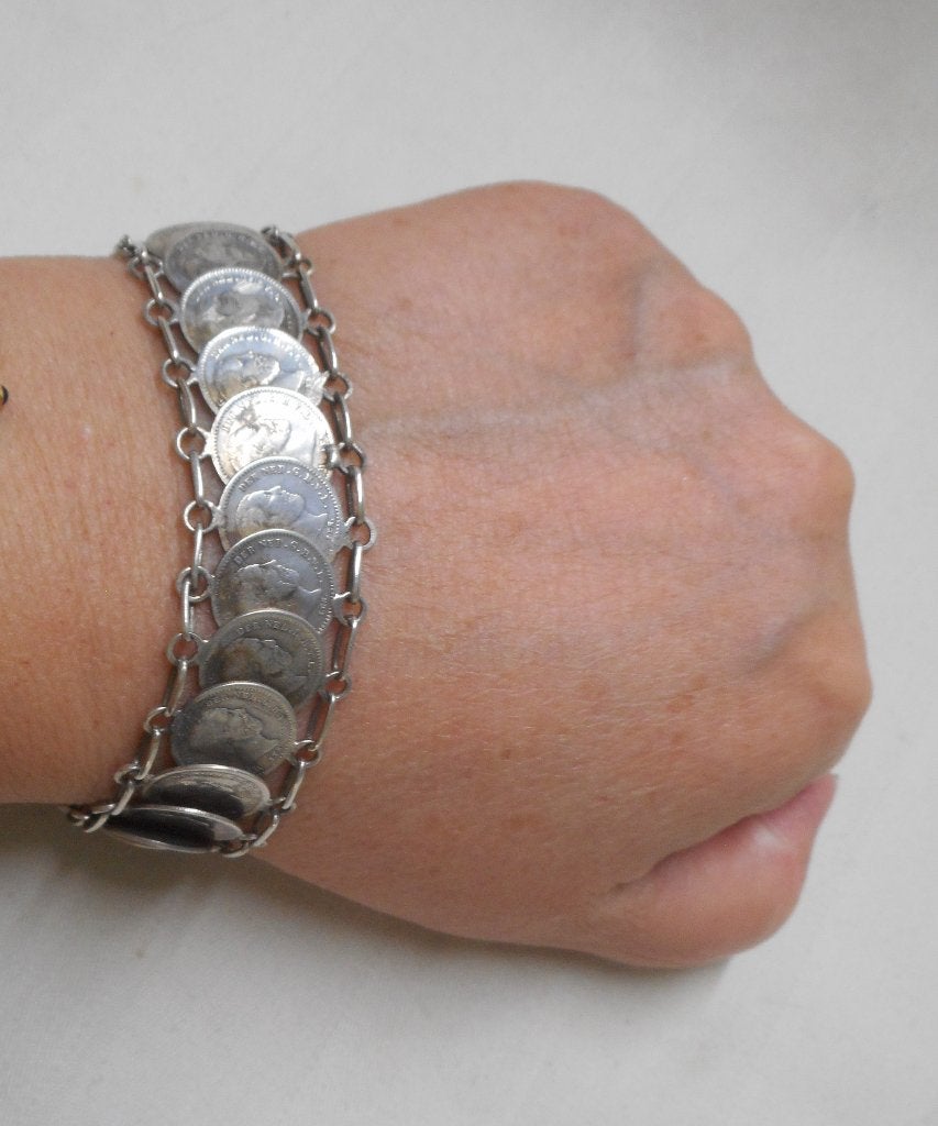 Zilveren antieke munten armband koning willem III nr.1462, Verzenden, Zilver, Armband