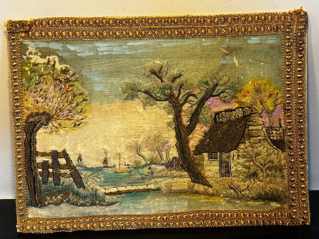 Antiek Borduurwerk – Landschap met Molen & Cottage, Ophalen, Gebruikt, Handborduren, Overige typen