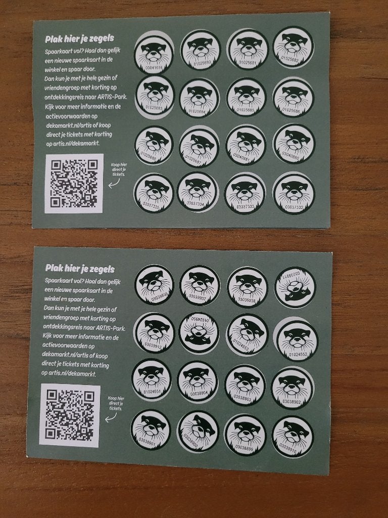 2 volle spaarkaarten dekamarkt voor gratis toegang Artis, Dekamarkt, Ophalen of Verzenden