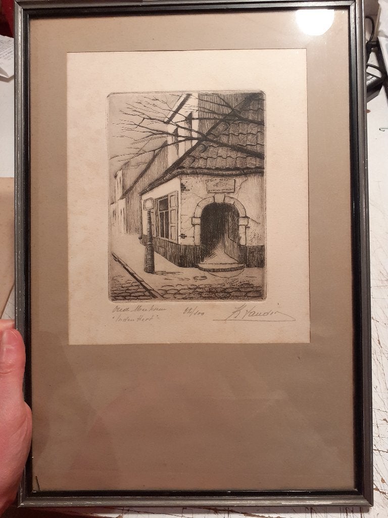 Oude ets - met kader, Antiek en Kunst, Ingelijst, Ets, Stadsgezicht, Ophalen of Verzenden