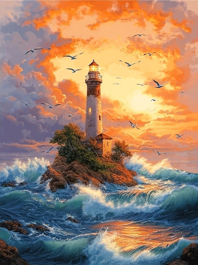40x30cm Diamond Painting  vuurtoren storm (vierkant) nr 162, Zee en Strand, Nieuw, Meerkleurig, Ophalen of Verzenden