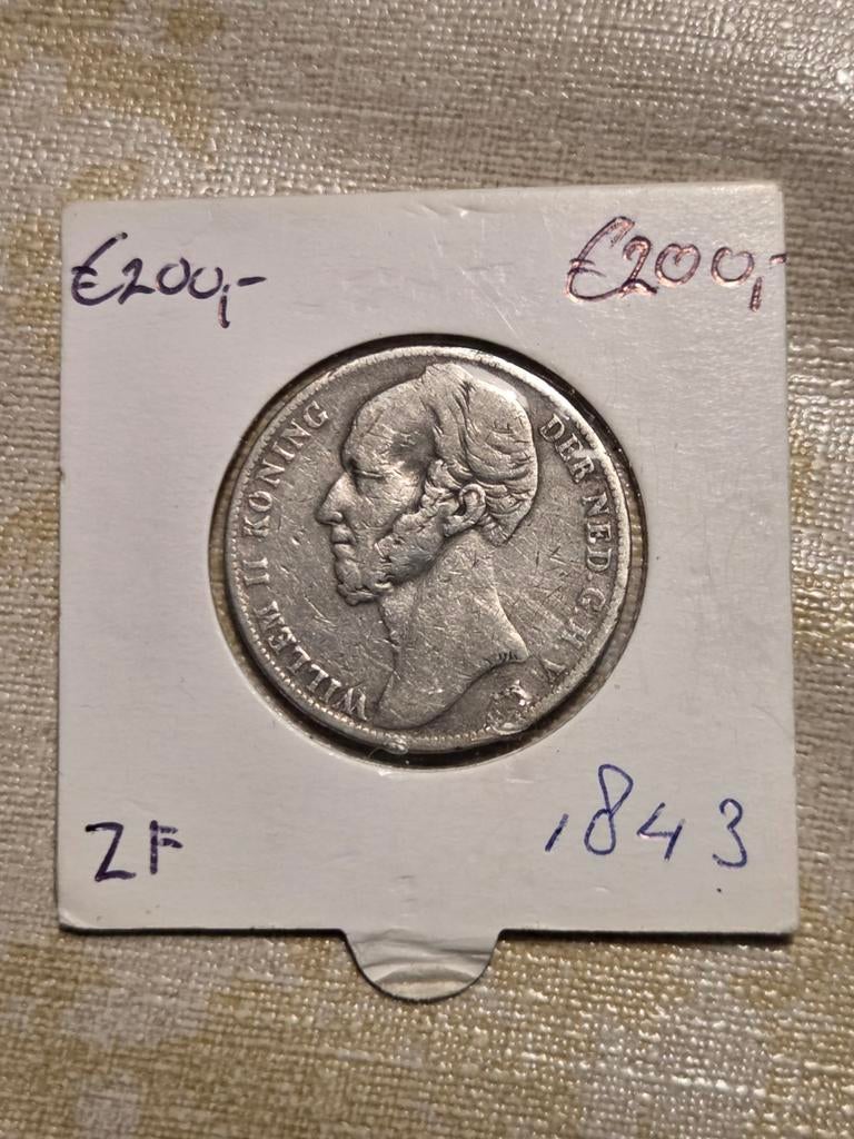 Zilveren 1 Gulden Willem II uit 1843, 1 gulden, Zilver, Ophalen of Verzenden, Losse munt