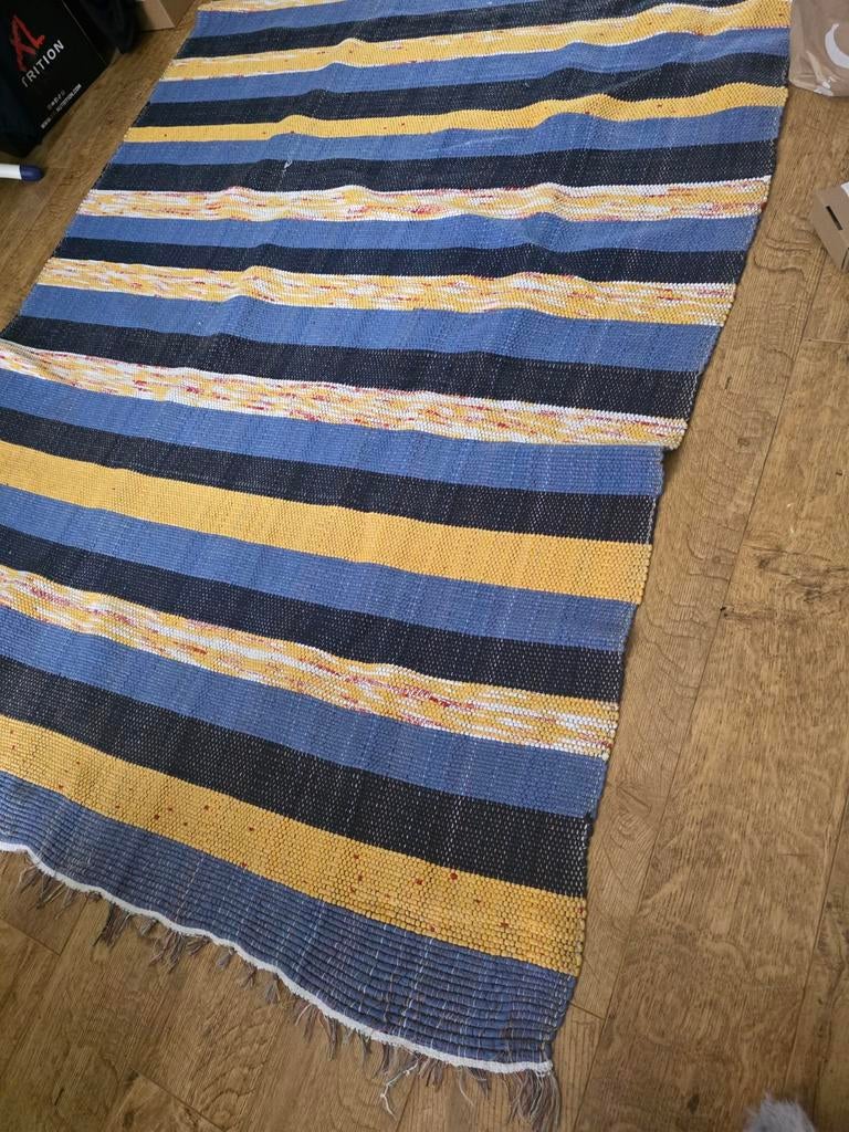 Gestreepte Vloerkleed - Blauw, Geel, Zwart, Gebruikt, 150 tot 200 cm, Modern, Gestreepte, Blauw
