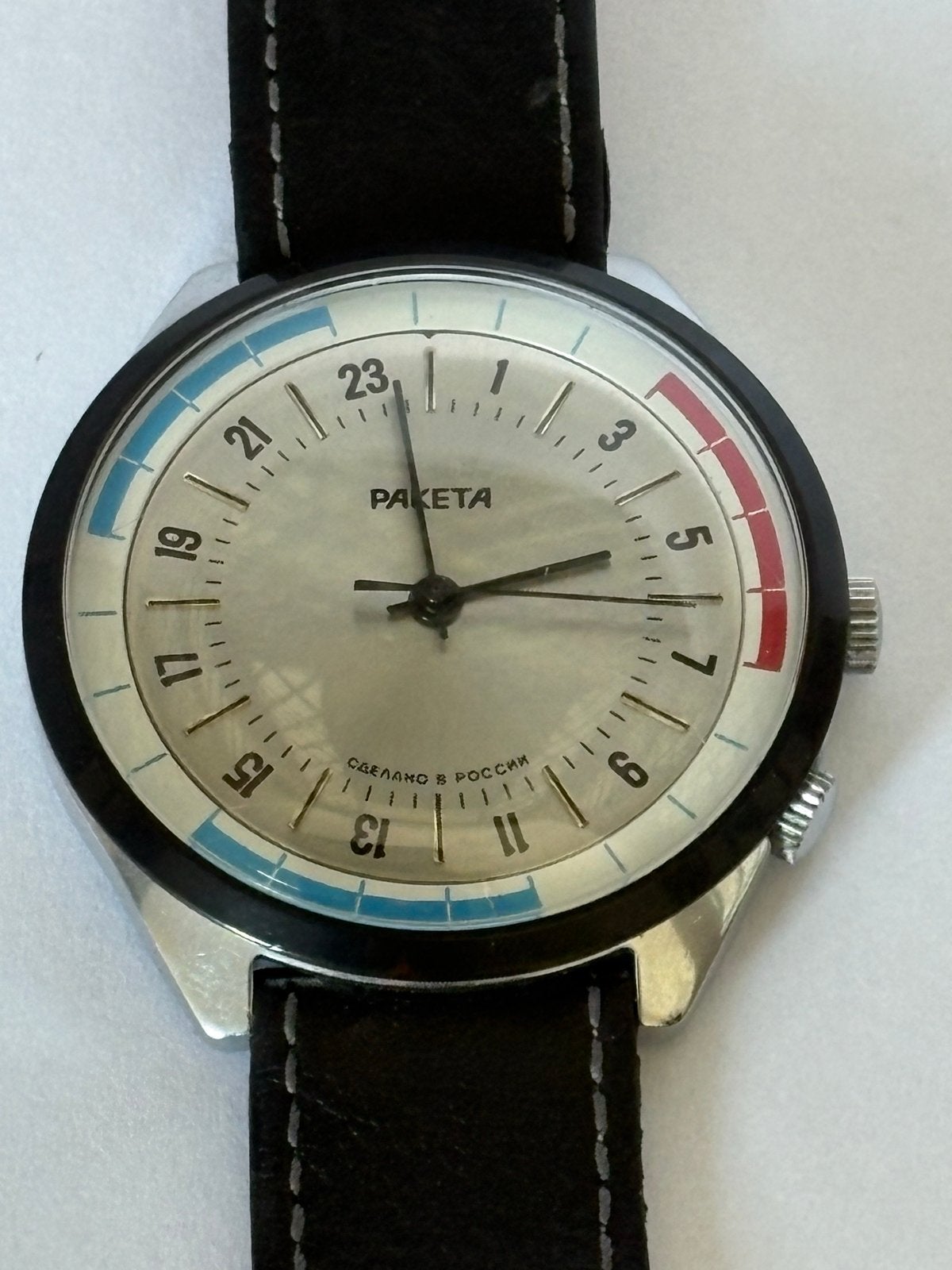 Zeldzaam Raketa 24-uurs horloge, mechanisch, vintage, Overige merken, Staal, Met bandje, Polshorloge