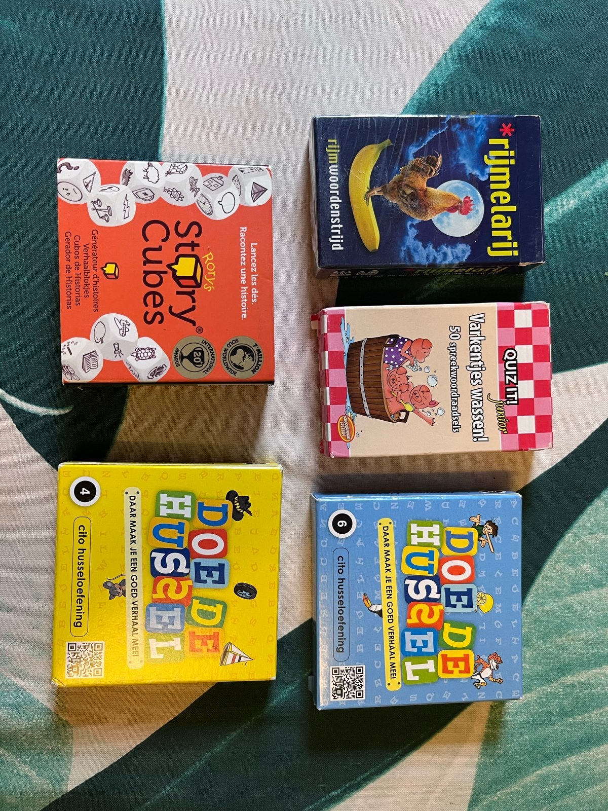 Bordspellen set: Story Cubes, Rijmelarij, Quiz 'm Junior, Do, Een of twee spelers, Ophalen of Verzenden, Gebruikt