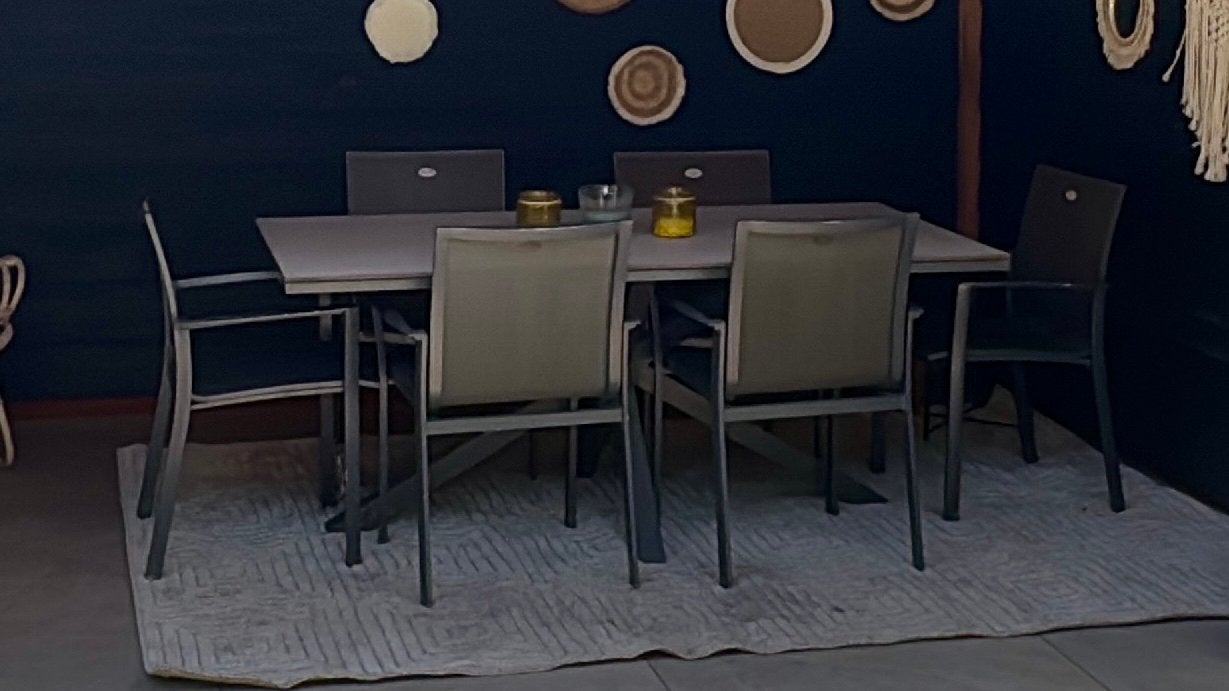 Moderne eettafel met 6 stoelen All weather, Ophalen, Gebruikt, Rechthoekig, Metaal