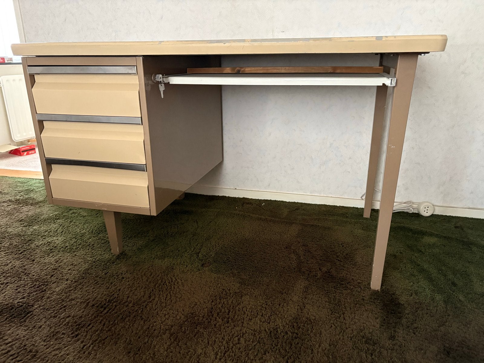 Vintage metalen bureau met 3 laden – industrieel werkbureau, Ophalen, Gebruikt