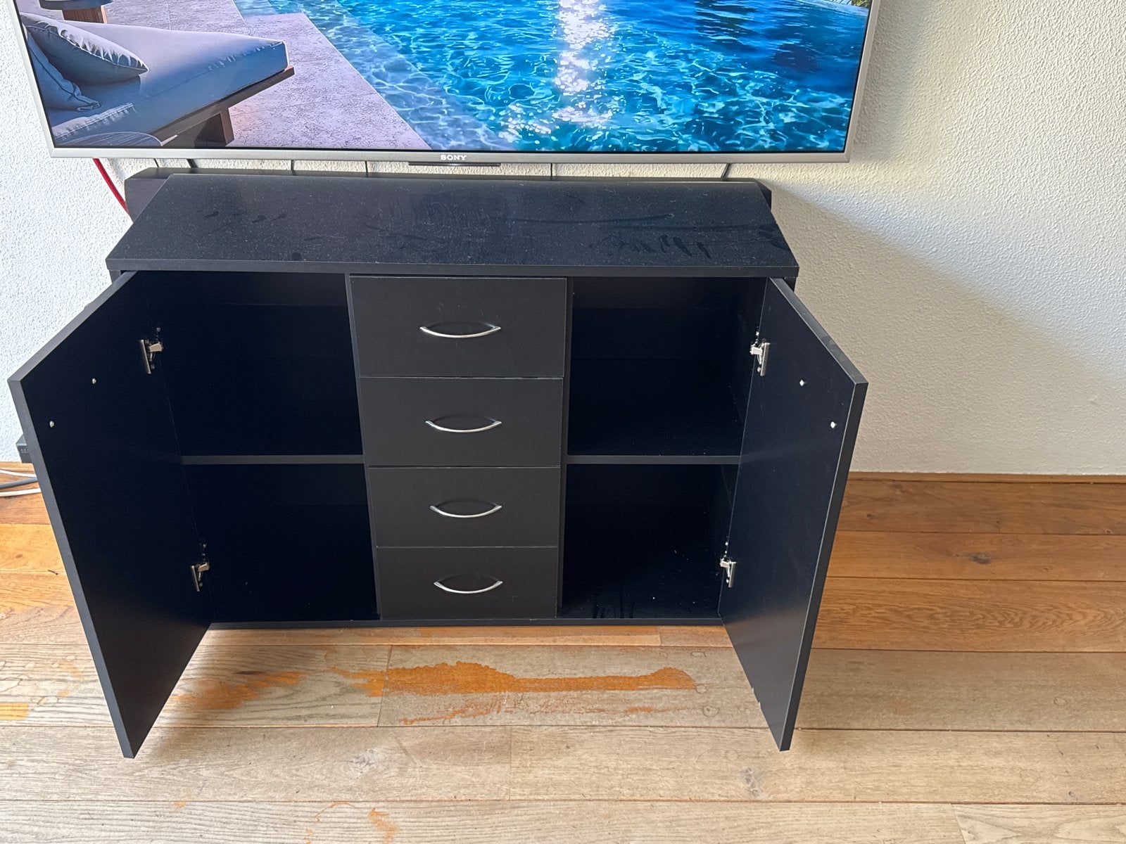 Zwart TV-meubel met lades en opbergruimte, Ophalen, Gebruikt, 100 tot 150 cm, Minder dan 100 cm