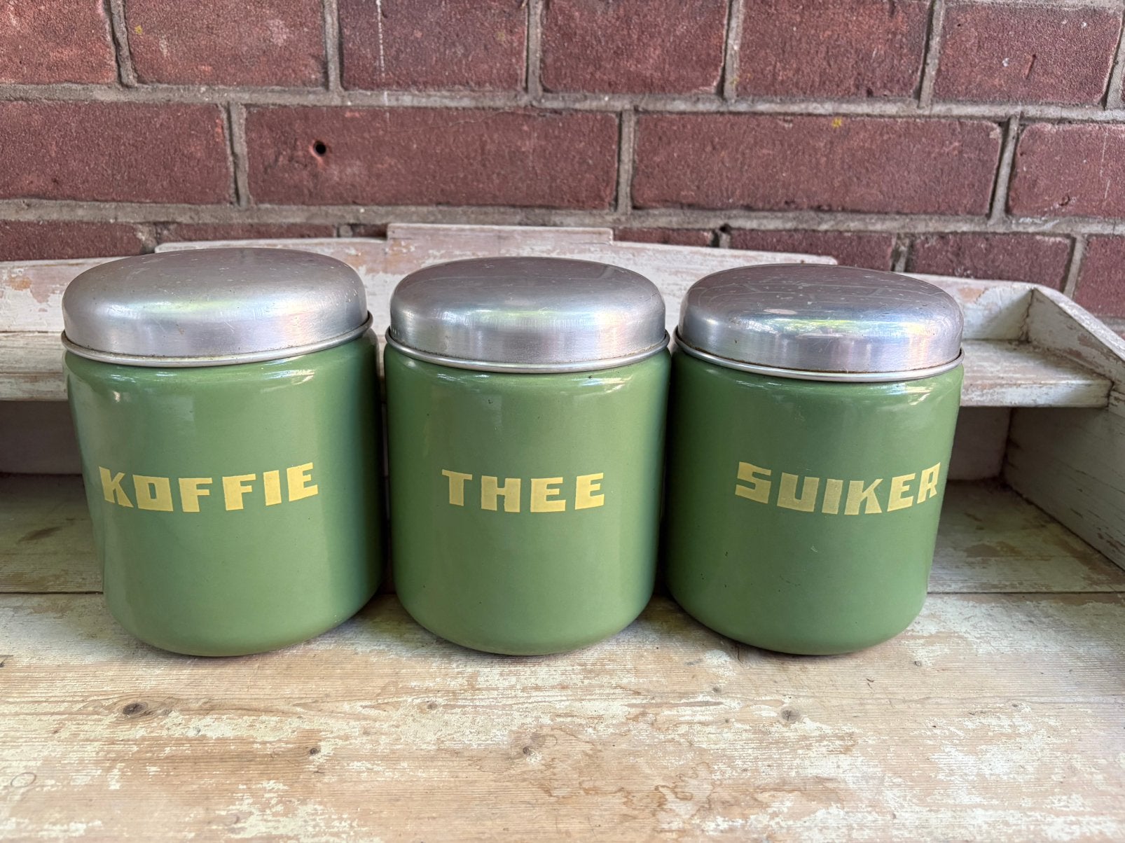 Voorraad bussen set koffie thee suiker reseda groen emaille, Antiek en Kunst, Ophalen of Verzenden