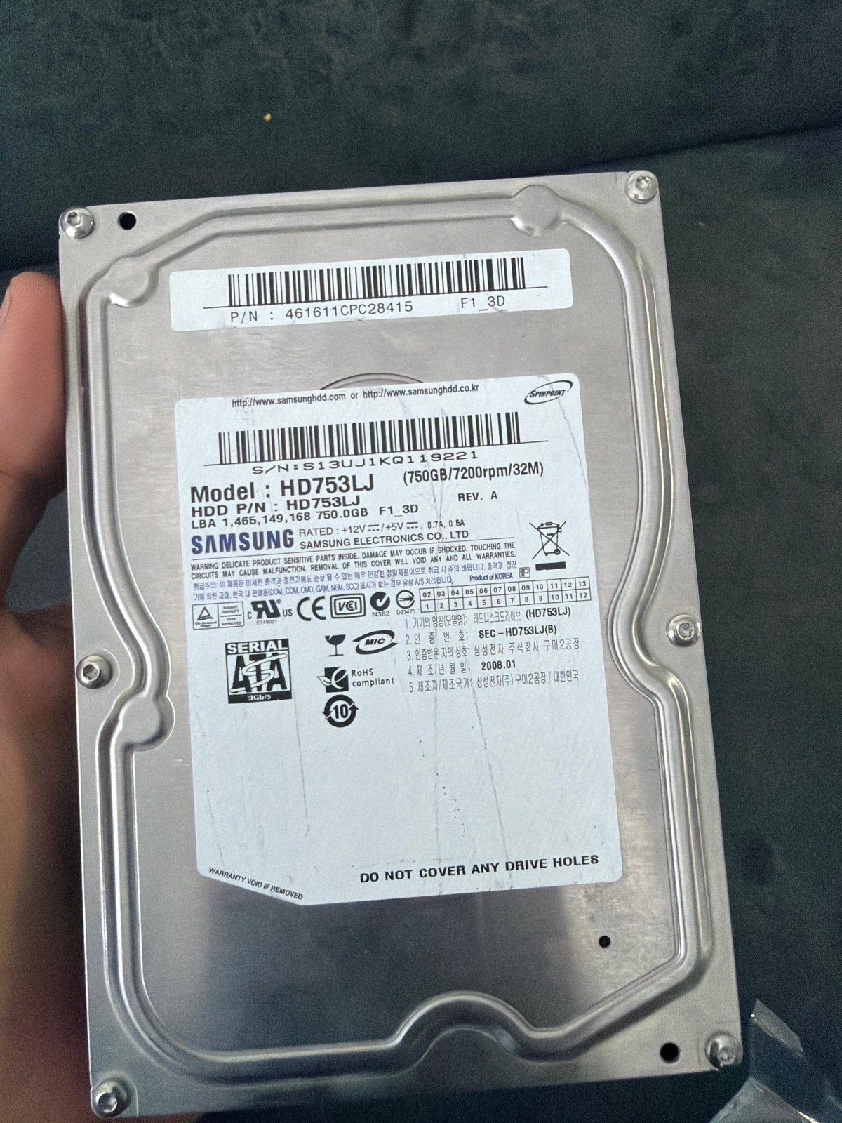Samsung HDD 750GB SATA Harde Schijf (HD753LJ), Intern, Gebruikt, Server, Ophalen of Verzenden