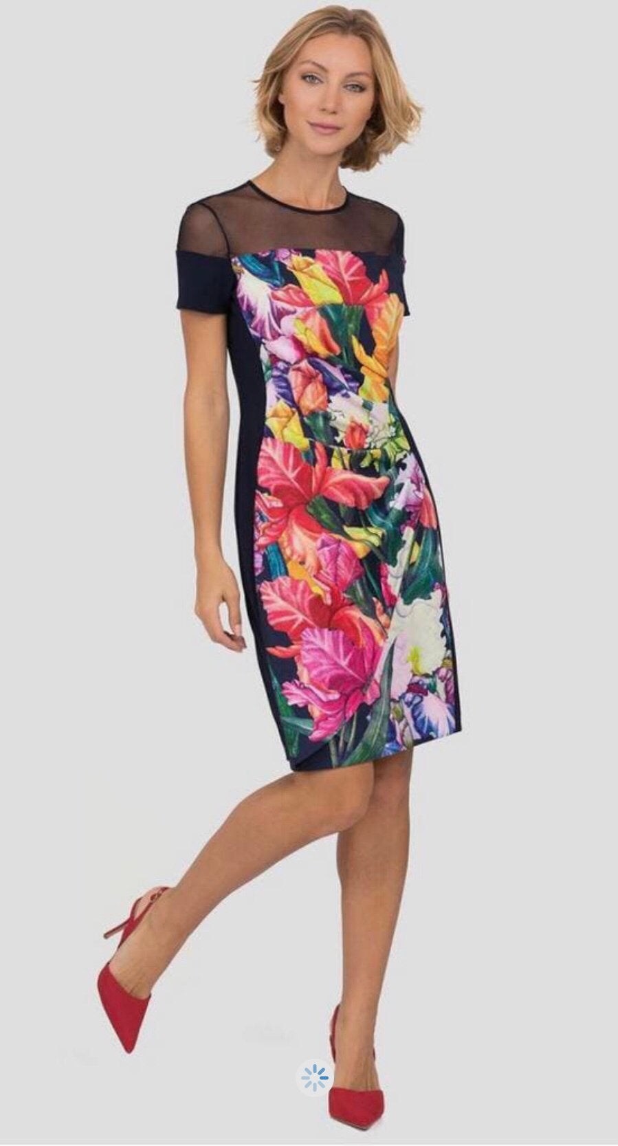 Ribkoff elegante jurk donkerblauw met bloemenprint maat 42, Maat 42/44 (L), Zo goed als nieuw, Onder de knie, Meerkleurig