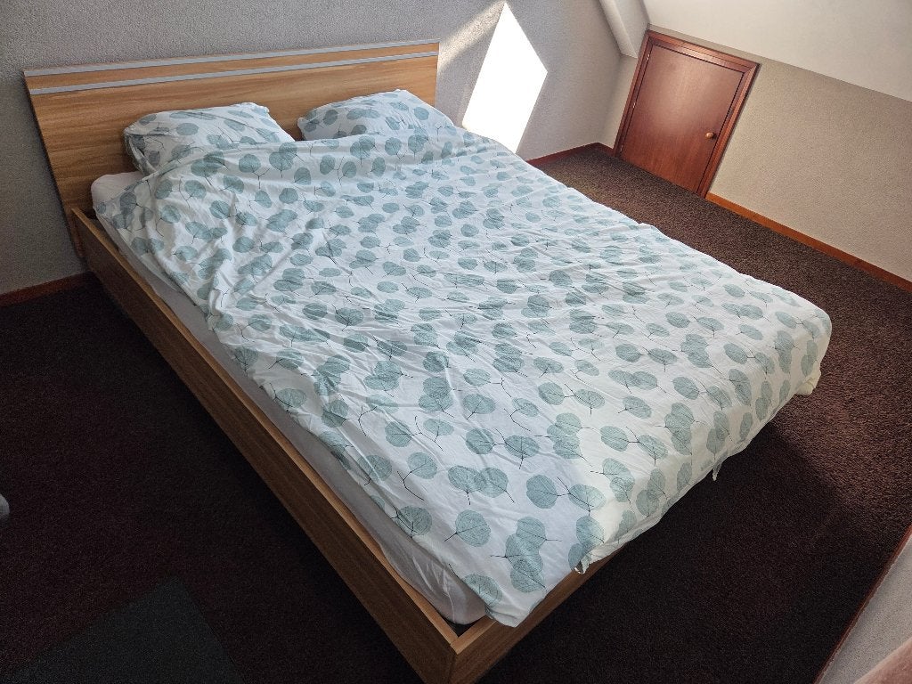 Bed hout lattenbodem, Ophalen, Gebruikt, Bruin, Tweepersoons