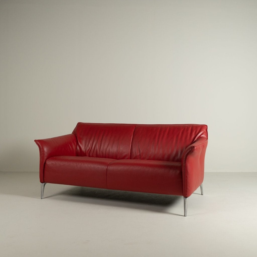 Leolux Mayon Bank 3-Zits Rood Leer, Niet ingevuld, Leolux, Niet ingevuld, 75 tot 100 cm