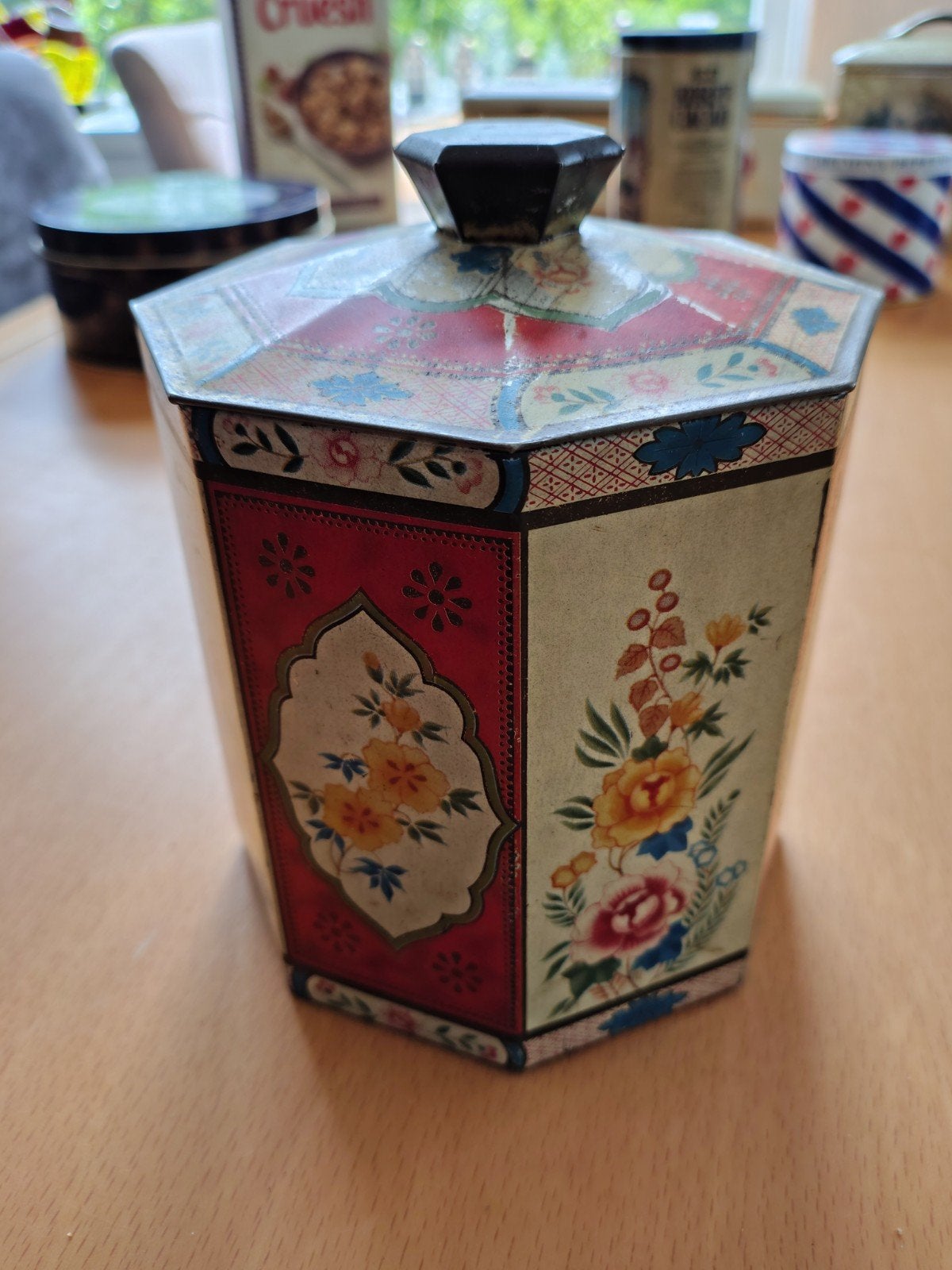 Vintage blikken trommel met bloemmotief, Verzamelen, Ophalen of Verzenden