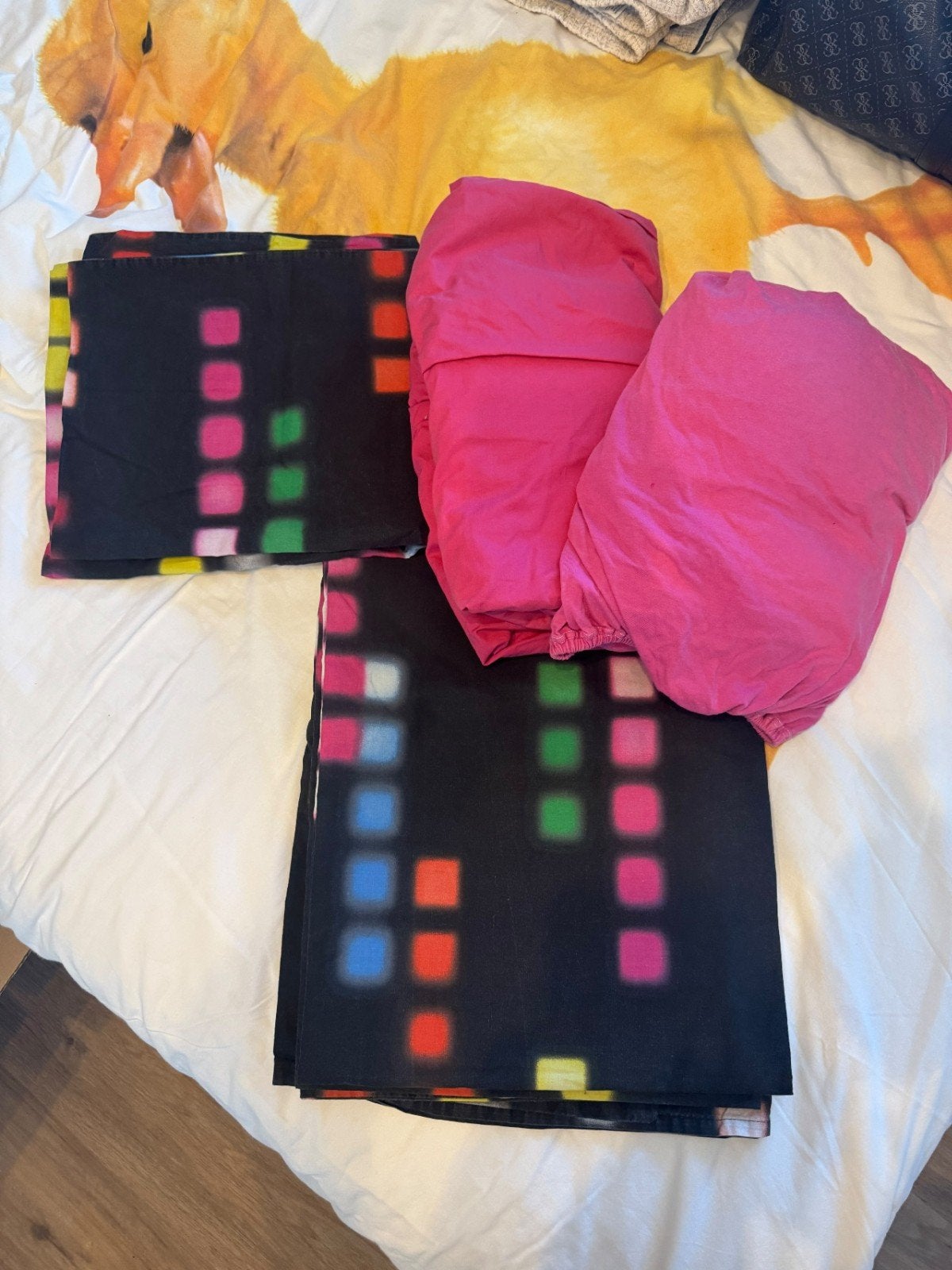 Ikea, 1 pers.Dekbedovertrek met gekleurde blokken en roze ho, Gebruikt, Ophalen of Verzenden, IKEA, Set van meerdere stuks