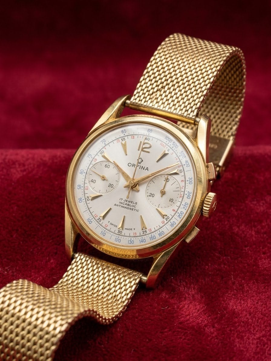 ​Orfina Chronograaf Vintage – Landeron 48 – Recent  Geservee, Ophalen of Verzenden, Staal, Overige merken, 1960 of later