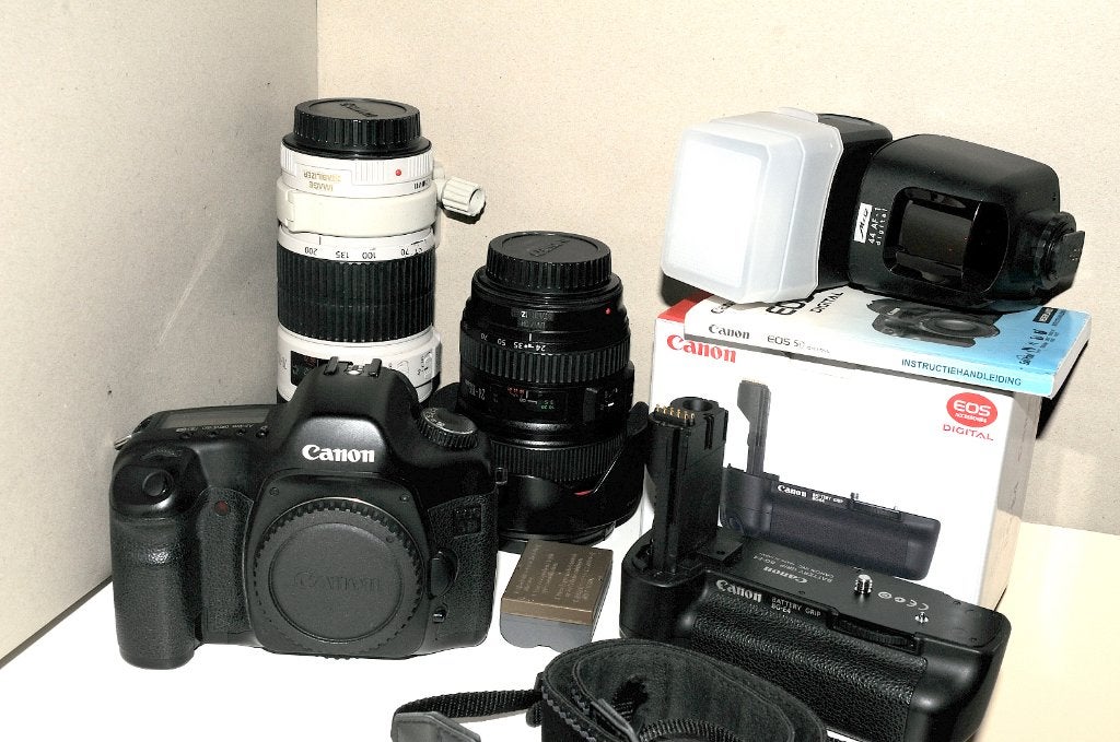 Canon EOS 5D Twee lenzen, grip, Flitser, Beeldstabilisatie, Gebruikt, Spiegelreflex, Canon