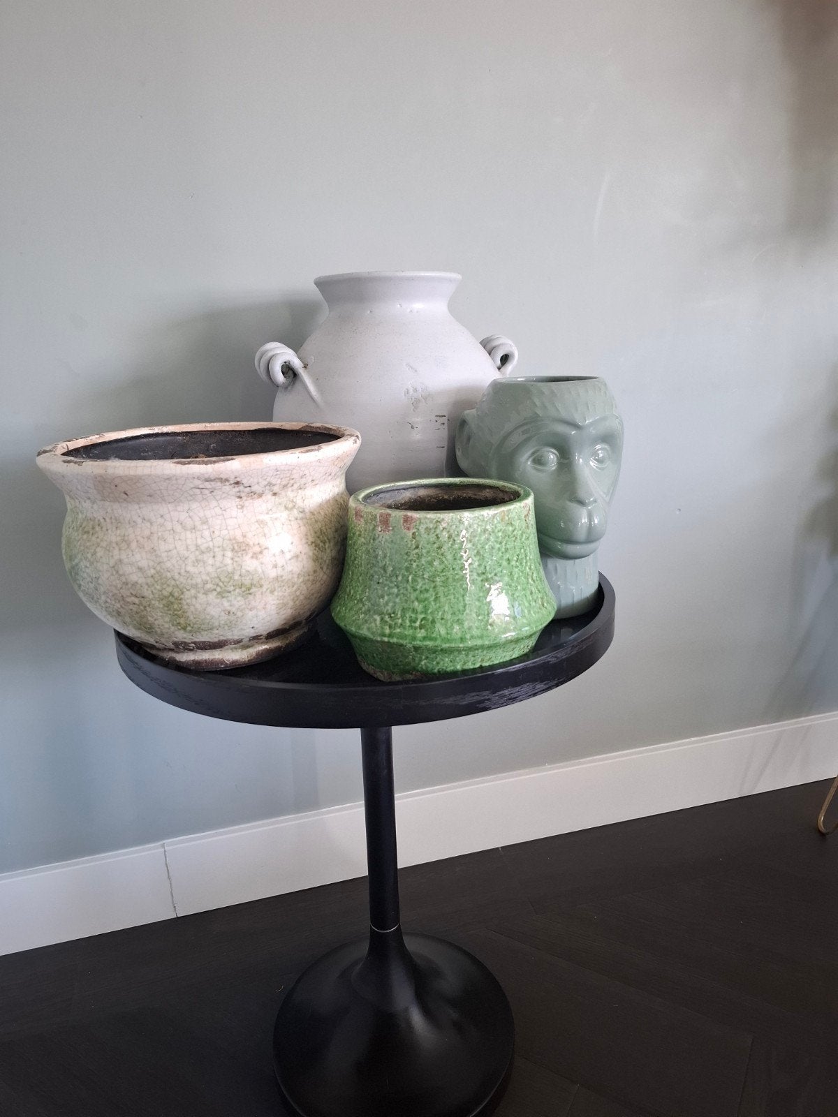 4 bloempotten Tuincentrum de Boet groen grijs tinten vazen, Ophalen of Verzenden, Zo goed als nieuw, Groen, Minder dan 50 cm
