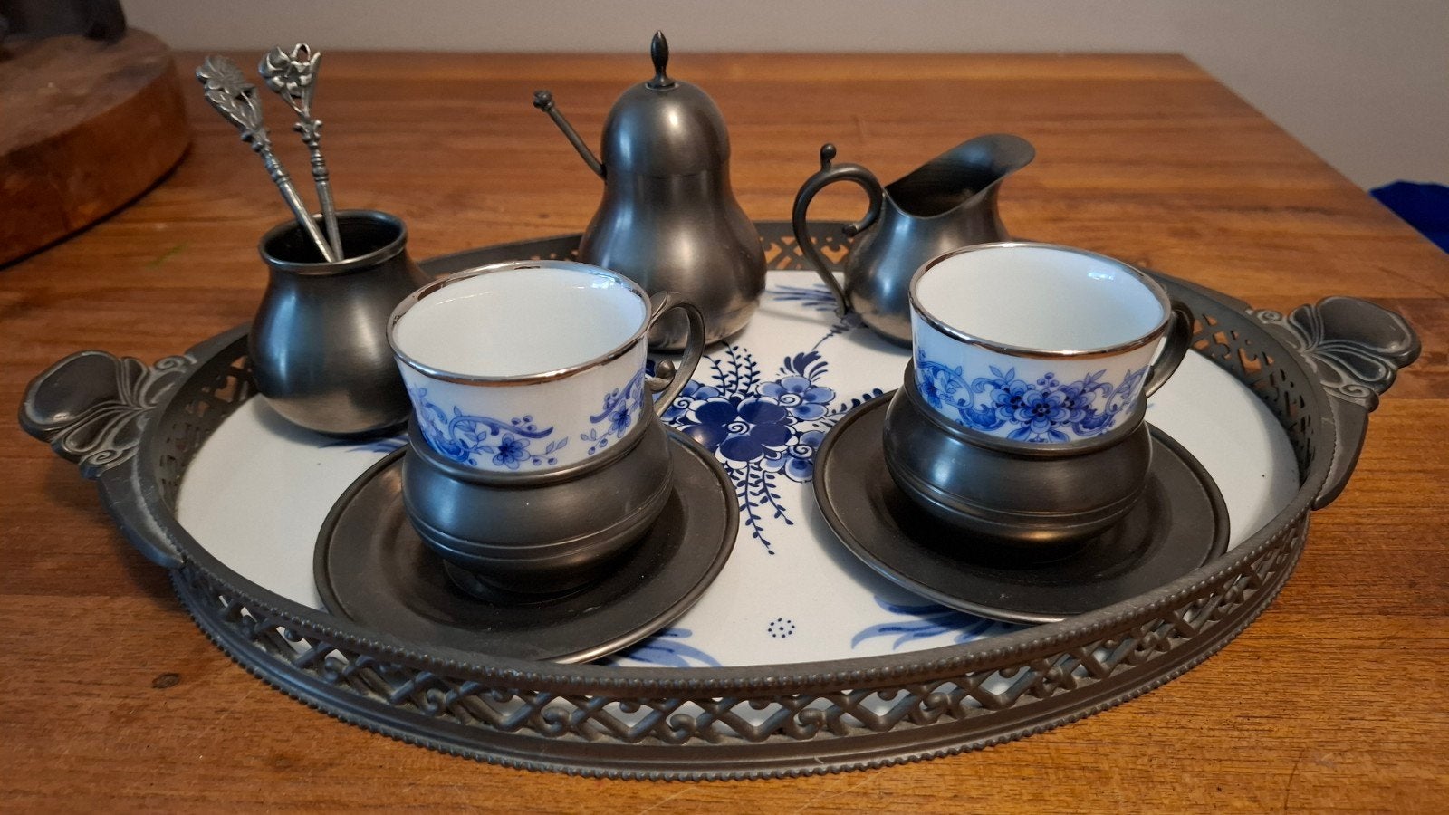 Antiek Tinnen Dienblad met Delfts Blauw Porselein Set, Ophalen of Verzenden