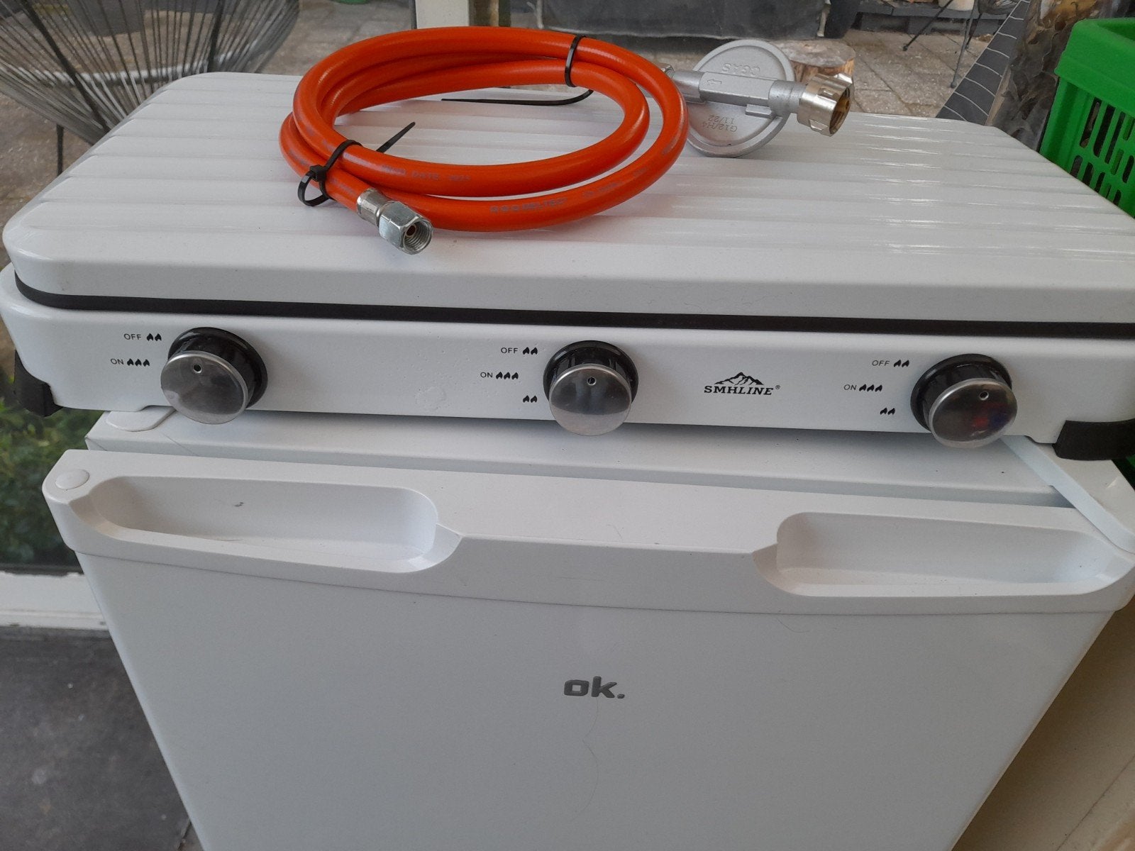 3 pits gasfornuis  met slang en drukregelaar merk SMHline, Caravans en Kamperen, Ophalen
