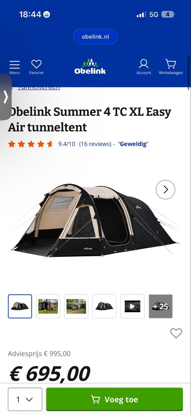Obelink Summer 4 TC XL Easy Air tunneltent, Caravans en Kamperen, Tenten, Ophalen of Verzenden, Zo goed als nieuw, Tot en met 4