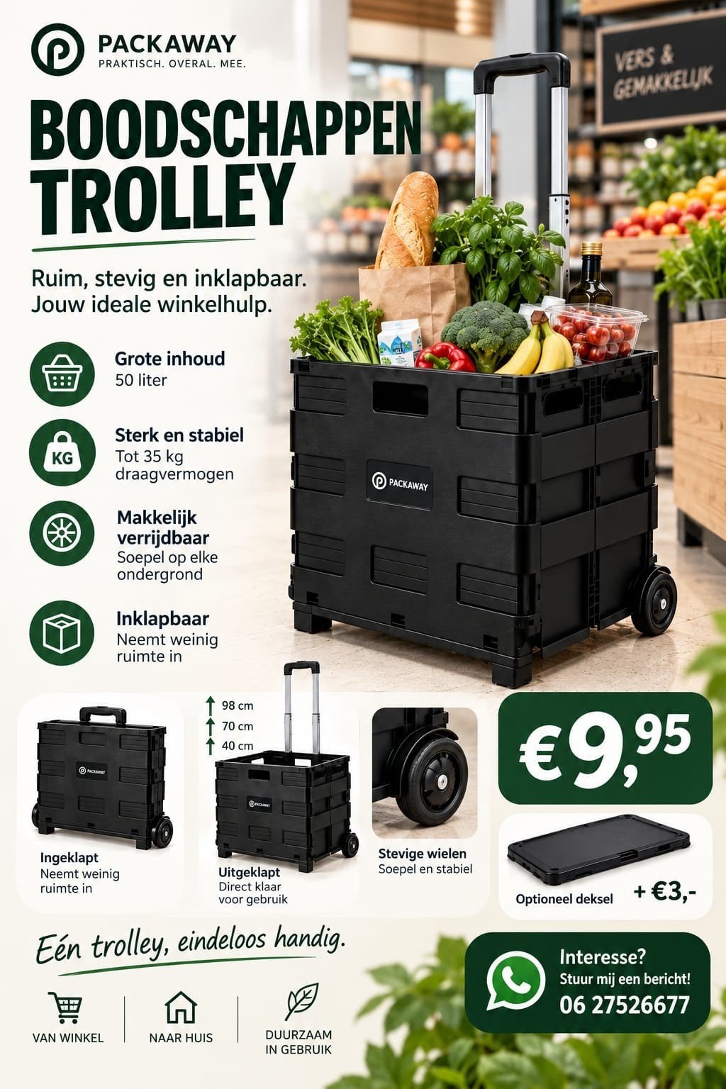 Boodschappenwagen met Wielen, Sieraden, Tassen en Uiterlijk, Ophalen of Verzenden, Nieuw, Overige kleuren, 30 cm of meer