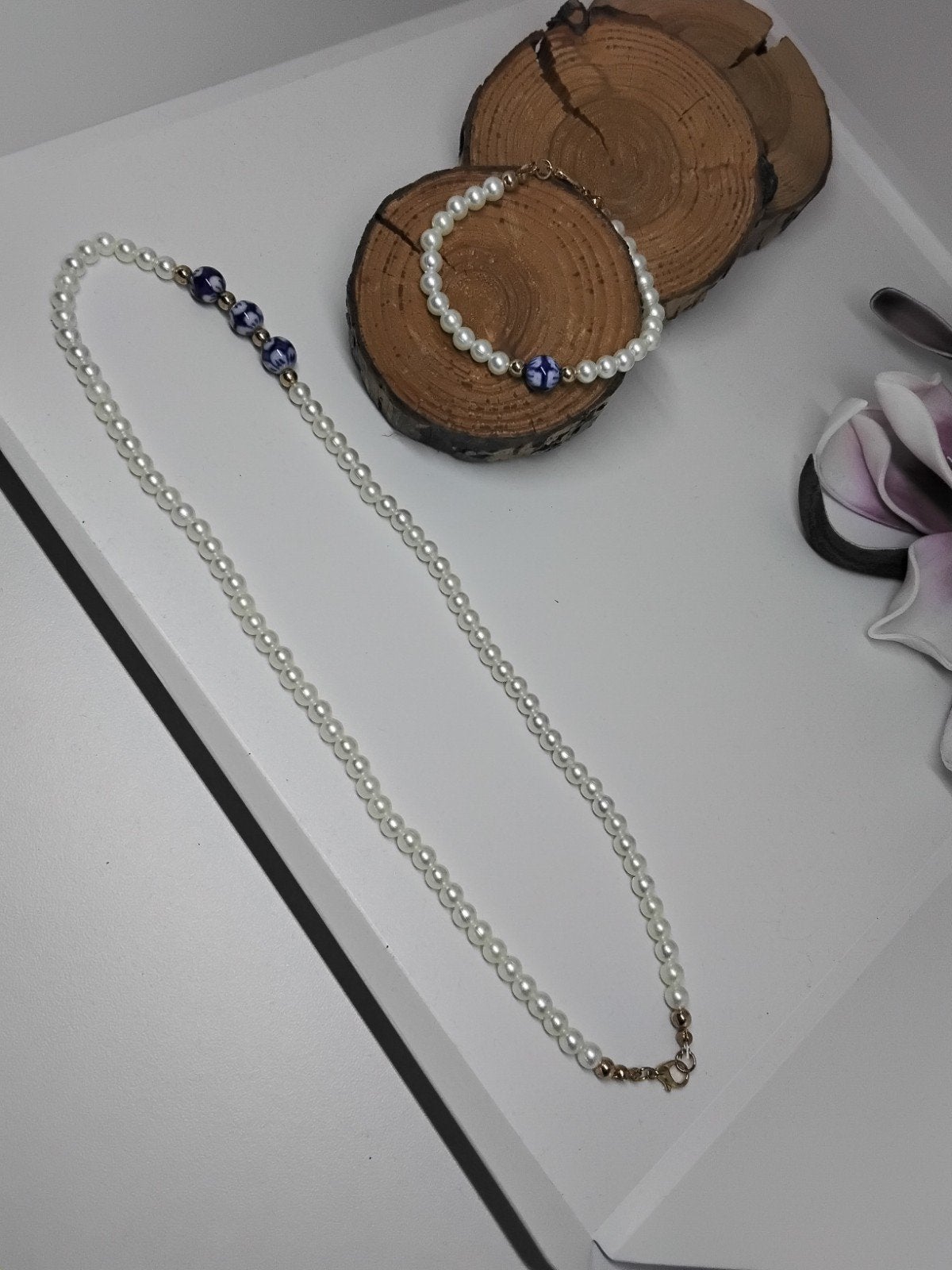 Parel ketting met armband, Ophalen of Verzenden, Zo goed als nieuw, Blauw, Overige materialen