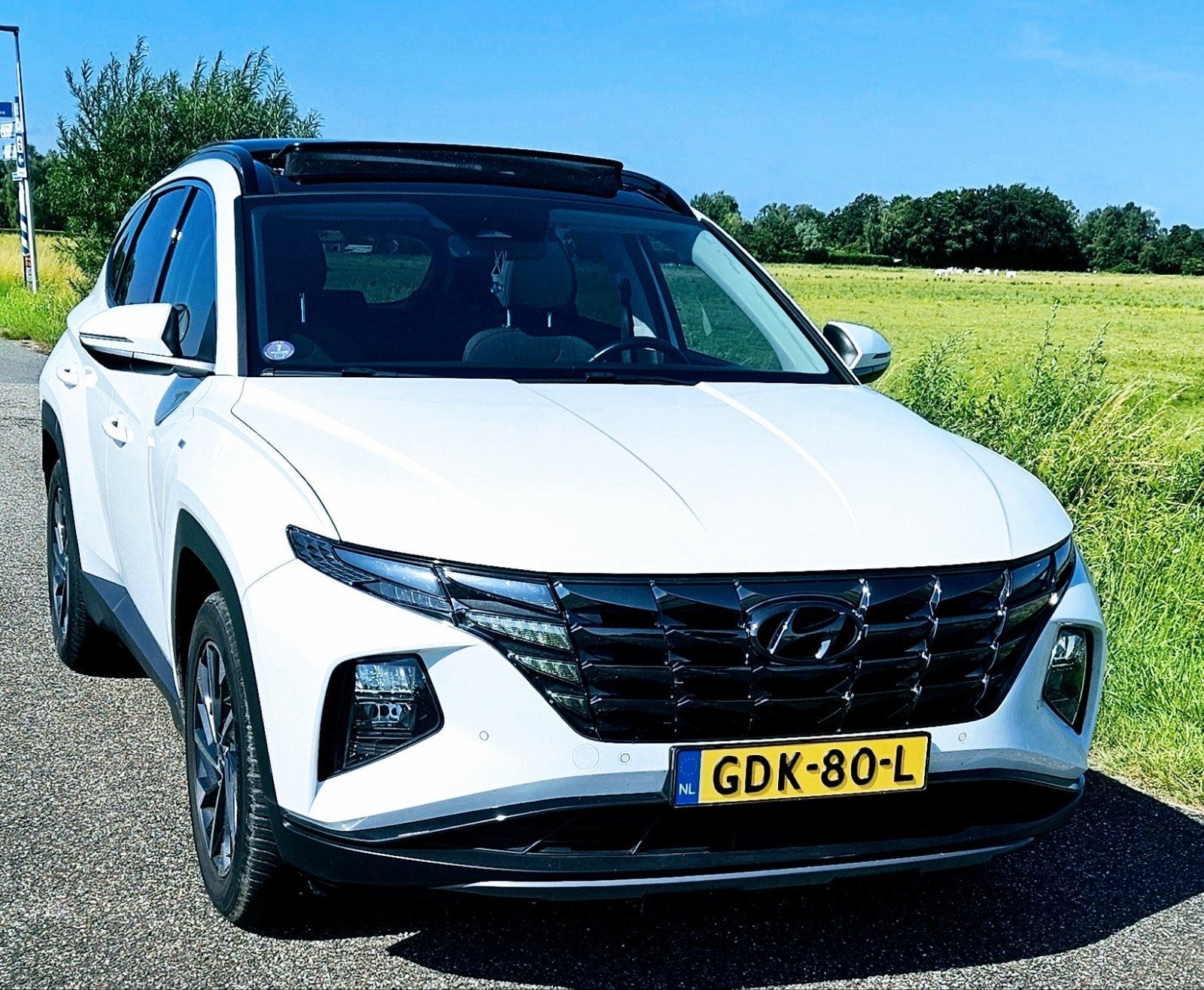 Hyundai Tucson 1.6 T-gdi 48V 150pk 2021 hybride open dak, Auto's, Voorwielaandrijving, 4 cilinders, 1650 kg, Wit