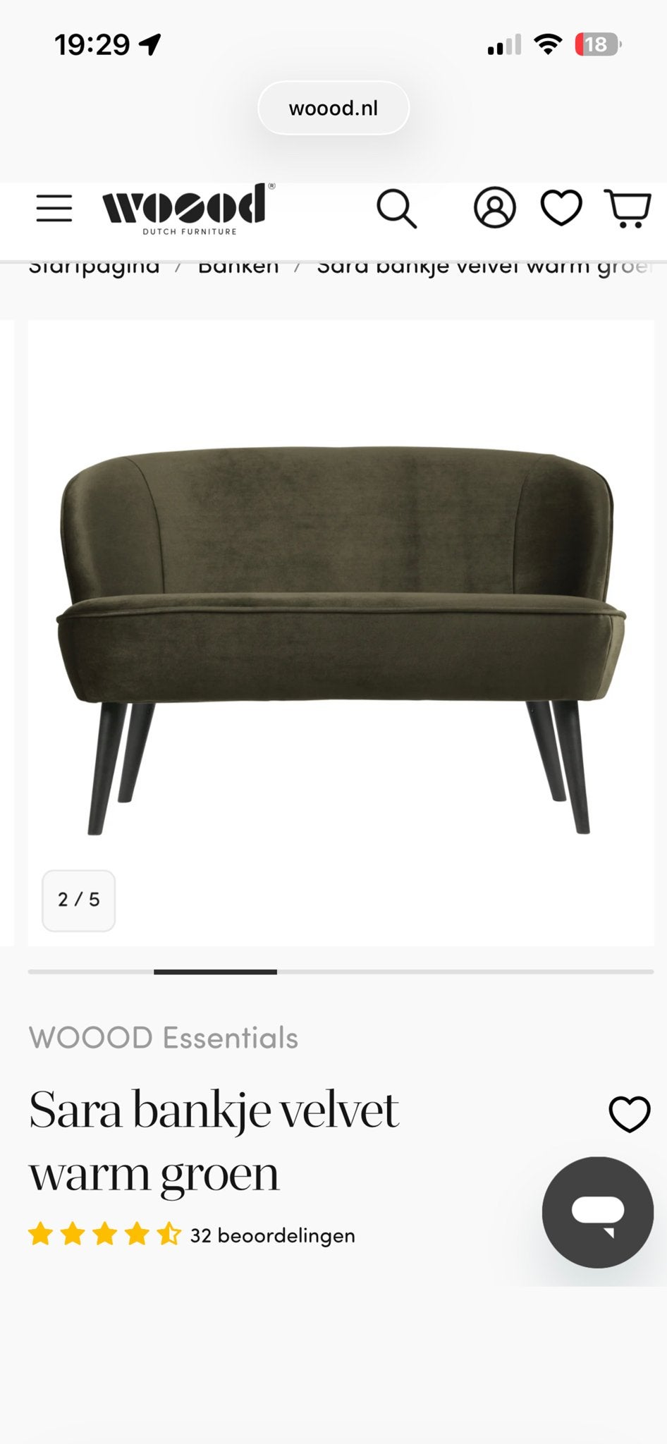 WOOOD Sara bankje velvet warm groen en antraciet grijs, Ophalen, Gebruikt, 150 tot 200 cm, Tweepersoons