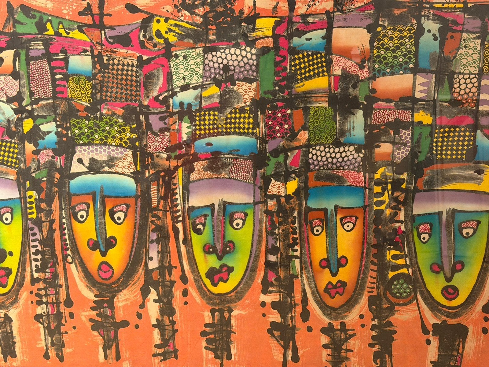 Groot kleurrijk batik ingelijst van Haryadi, Ophalen, Schilderij, Overige materialen, Gesigneerd