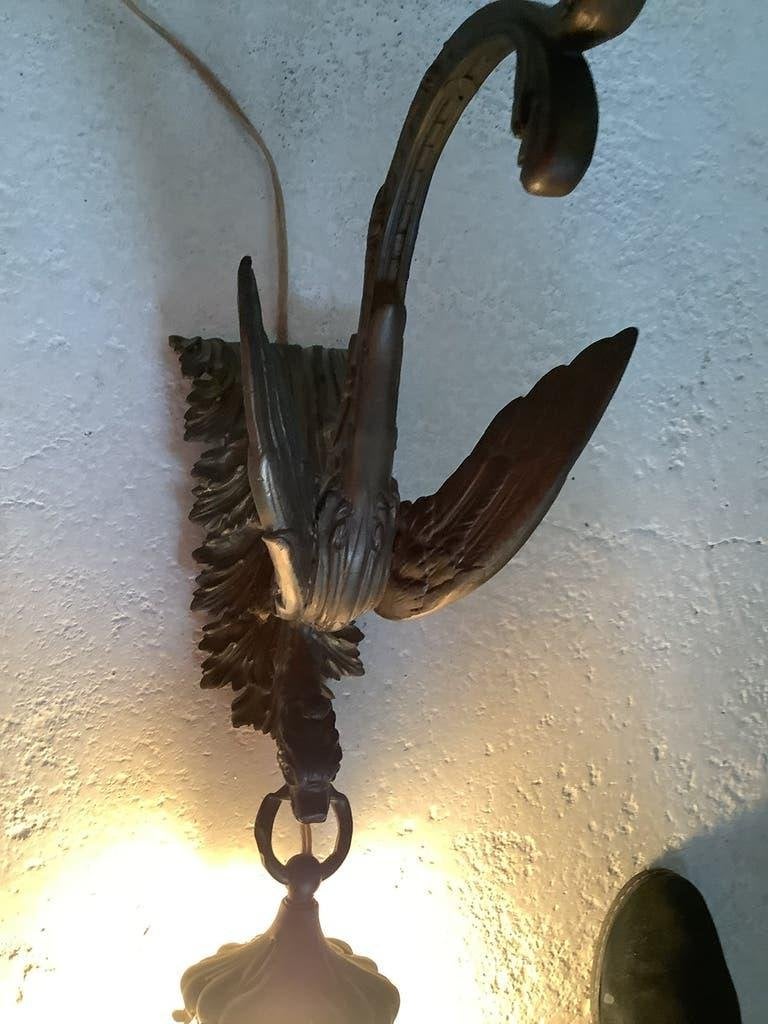 Vintage Koperen Wandlamp met Unieke Glazen Kap, Antiek en Kunst, Ophalen of Verzenden