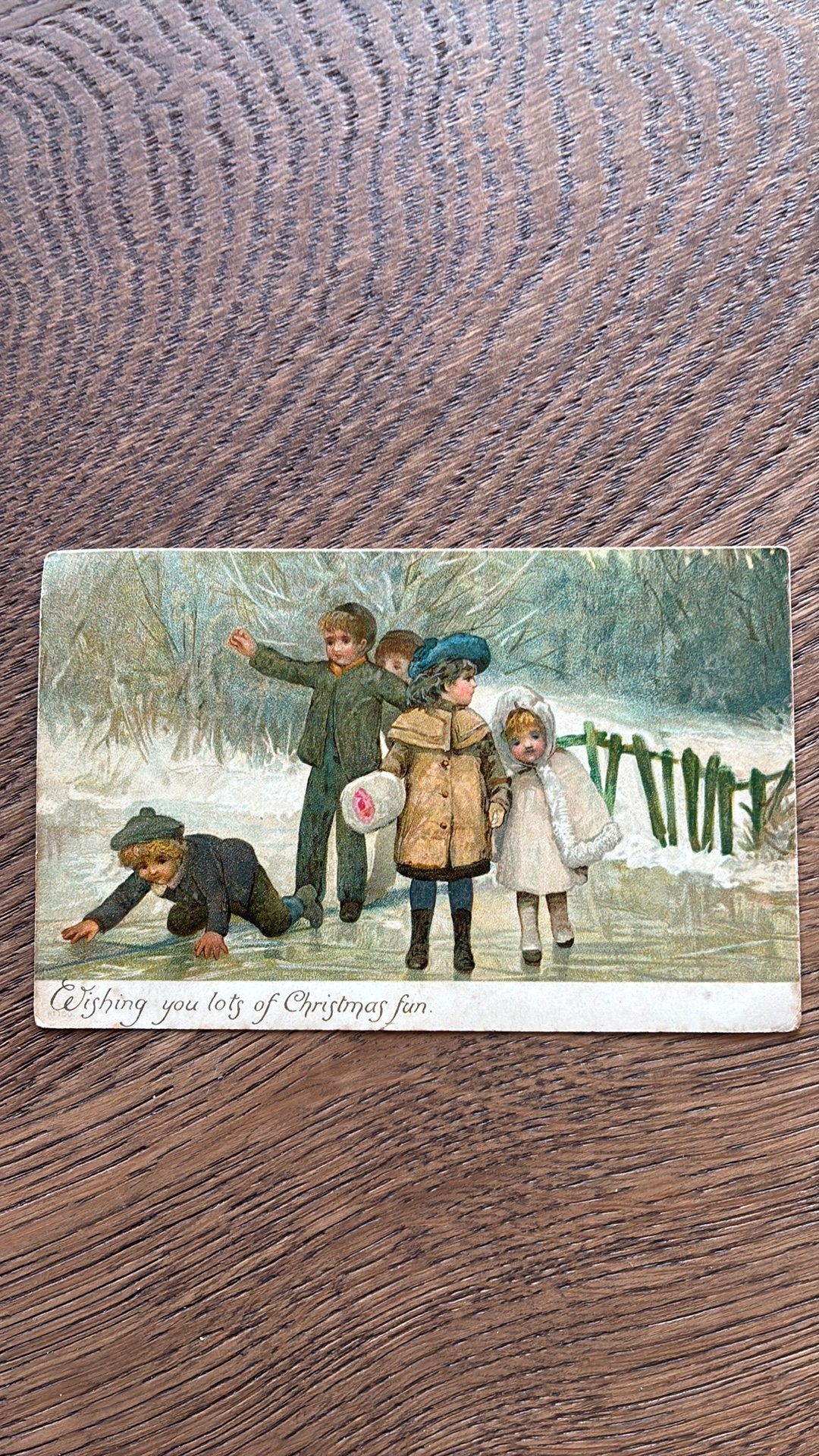 5 kinderen op het ijs. Sneeuwlandschapje, Verzamelen, Ansichtkaarten | Themakaarten, Ophalen of Verzenden, Voor 1920, Gelopen
