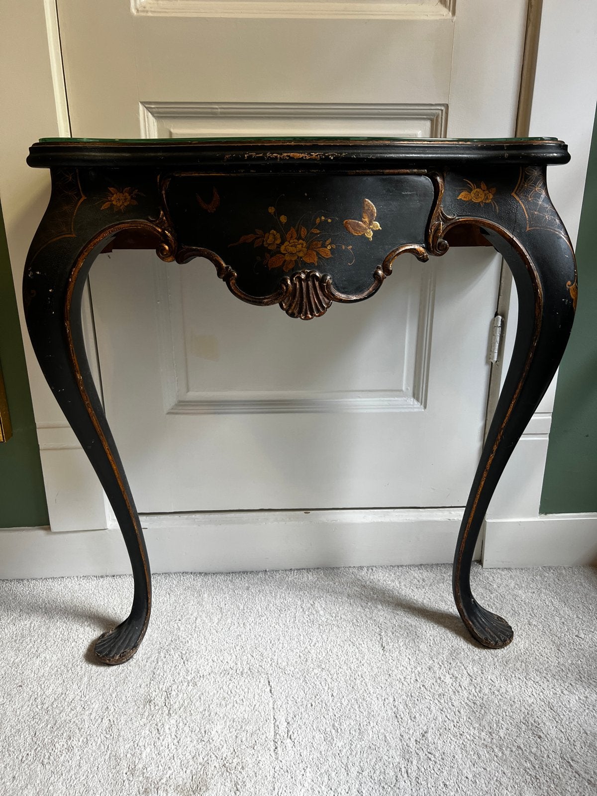 Antieke Zwarte Console Tafel met Chinees Lakwerk en Lade, Ophalen