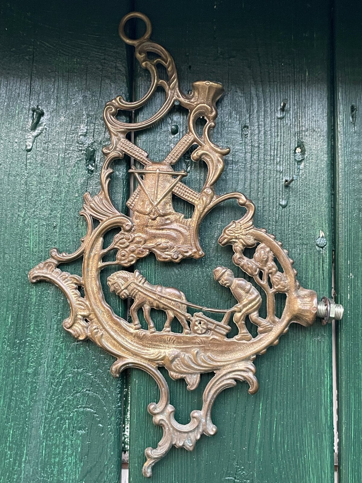 Antieke koperen wanddecoratie: Molen en boerenleven, Antiek en Kunst, Ophalen of Verzenden, Koper