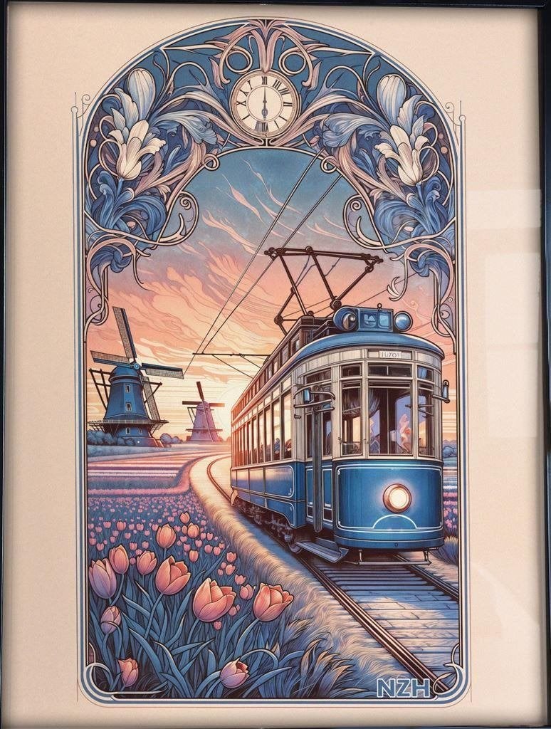 .| Unieke NZH de Blauwe Tram art nouveau poster affiche |., Verzenden, Nieuw, Tram, Overige typen