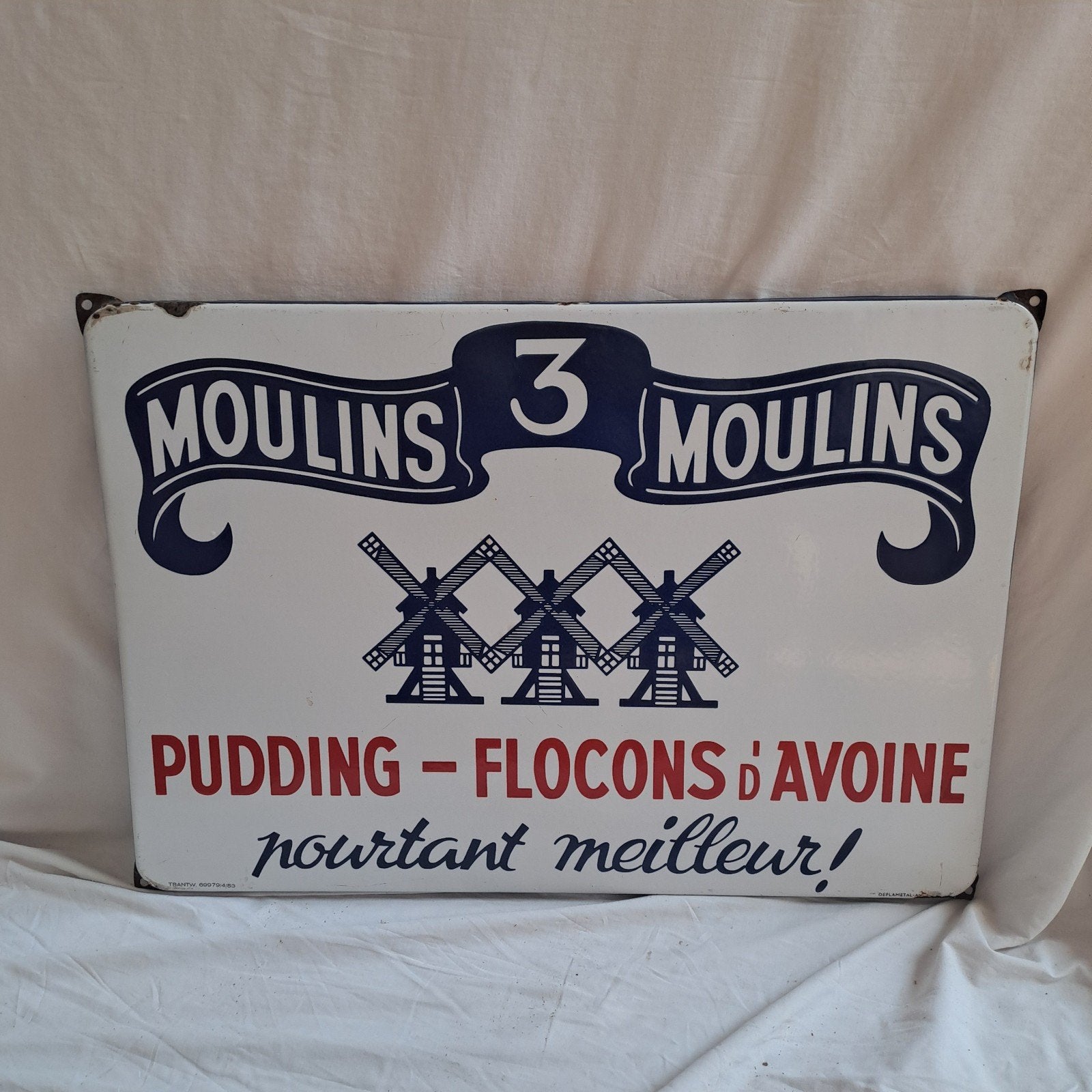 3 molens pudding emaille reclamebord 68x48cm, Ophalen of Verzenden, Gebruikt, Reclamebord