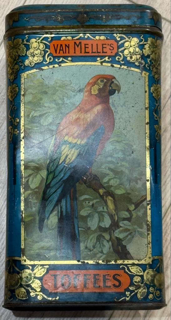 Oud Van Melle toffee blik met pauw en papegaai, Ophalen of Verzenden, Gebruikt, Overige, Overige merken
