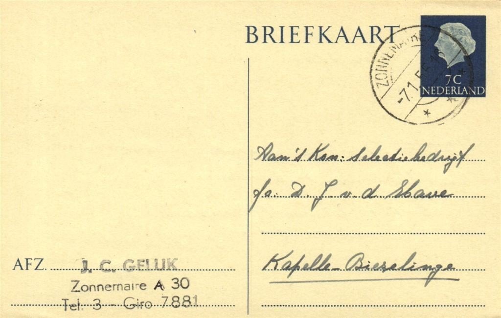 J.C. Geluk, Zonnemaire - 01.1955 - briefkaart, Postzegels en Munten, Brieven en Enveloppen | Nederland, Ophalen of Verzenden, Briefkaart