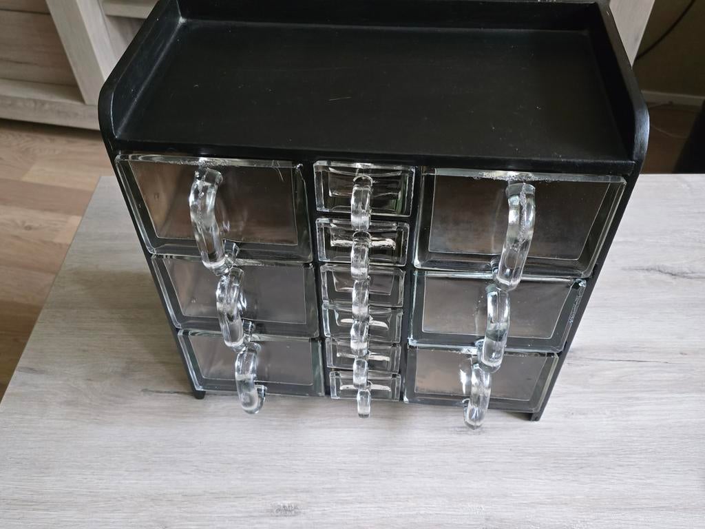 Vintage Glazen kruidenkastje met 12 Lades, Ophalen of Verzenden