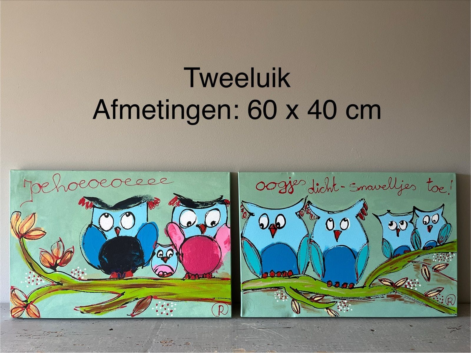 Tweeluik Uilen Familie Schilderij - 60x40 cm, Ophalen, Zo goed als nieuw, Overige onderwerpen