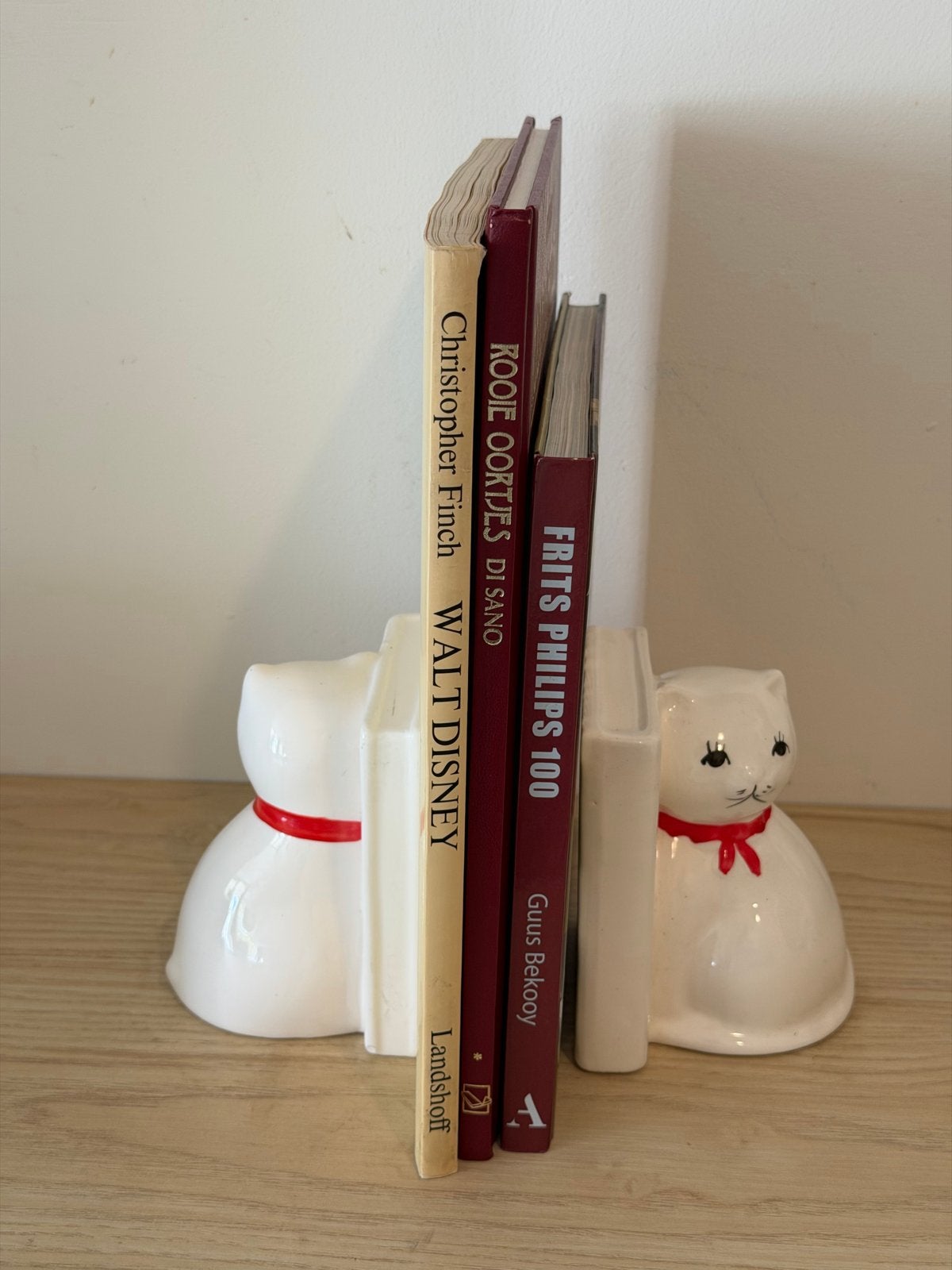 Vintage Kat Boekensteunen - Keramiek - Jaren 80, Vintage, Gebruikt, Ophalen of Verzenden, Wit