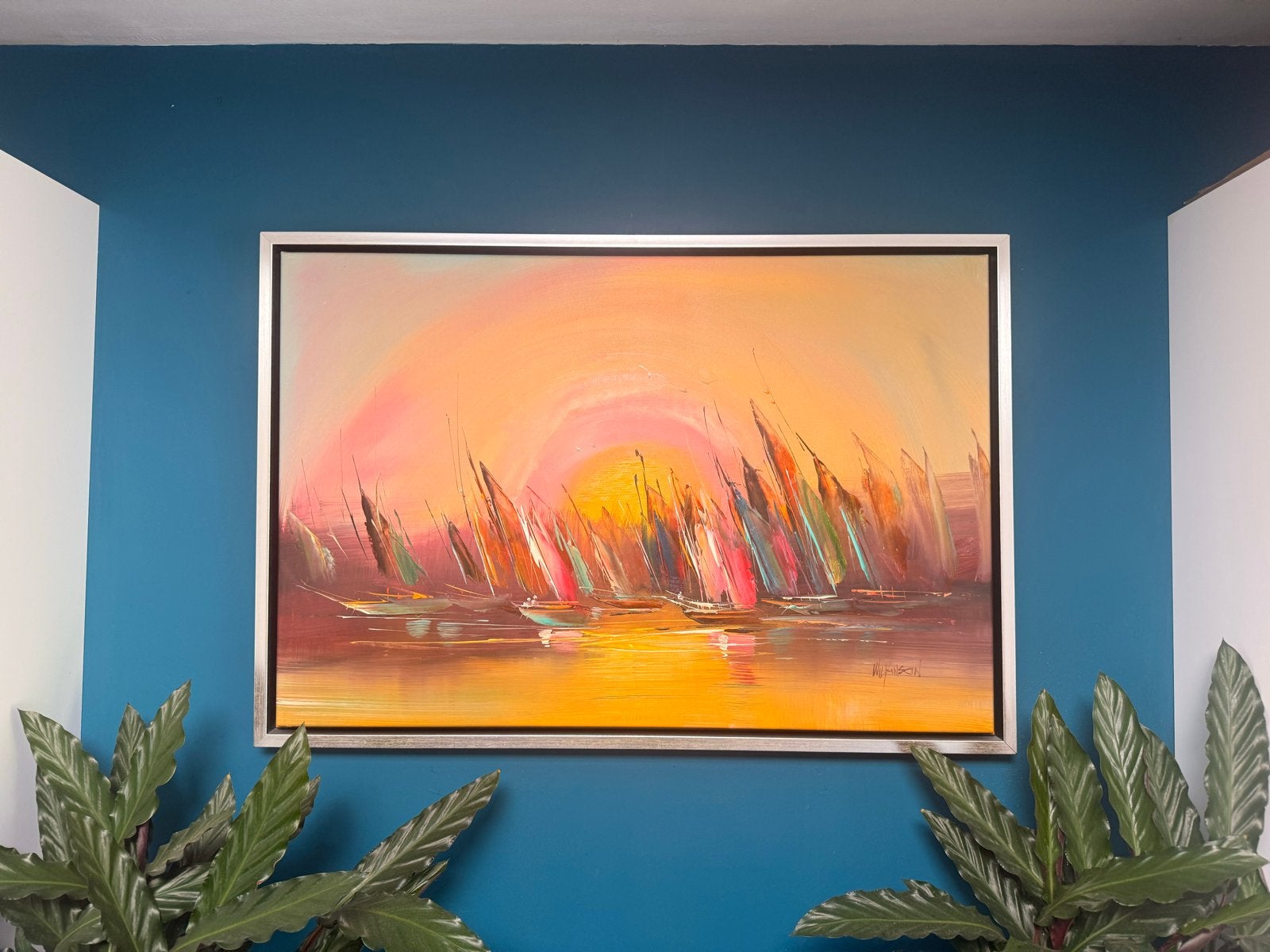 Schilderij 'Boten op het water met zonsondergang' Wilkinson, Ophalen