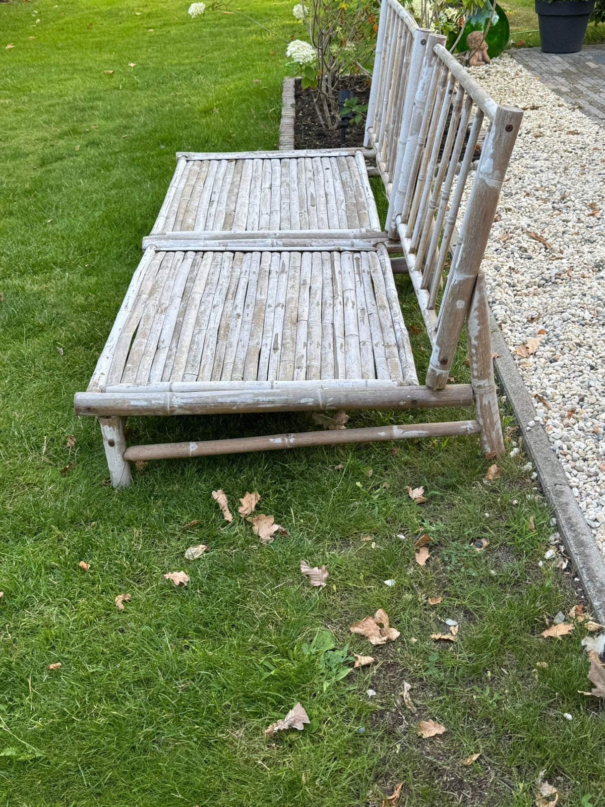 2x bamboe tuinbank met kussens, Tuin en Terras, Ligbedden, Ophalen, Gebruikt, Rotan