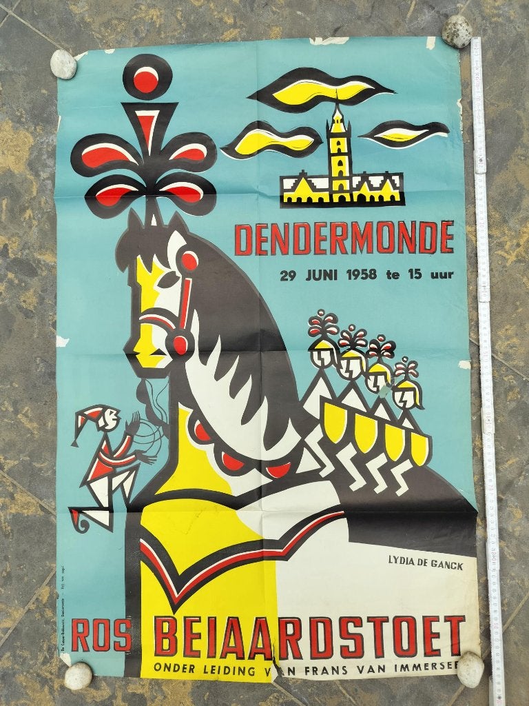 Oude affiche Ros Beiaardommegang (Dendermonde, 1958), Verzenden, A1 t/m A3, Overige onderwerpen, Rechthoekig Staand